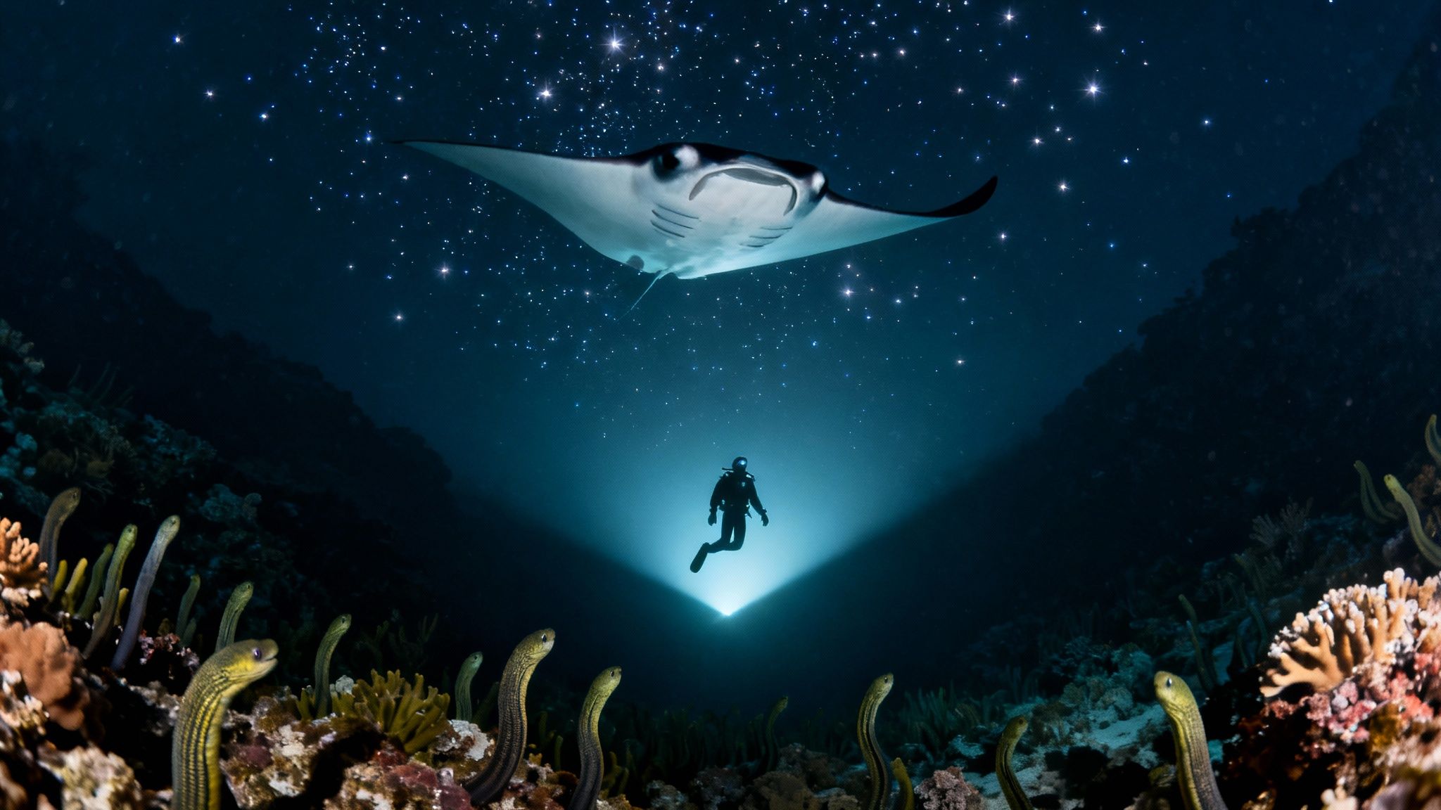 A diver explores a vibrant coral reef, spotlighted beneath a manta ray and a starry ocean surface.