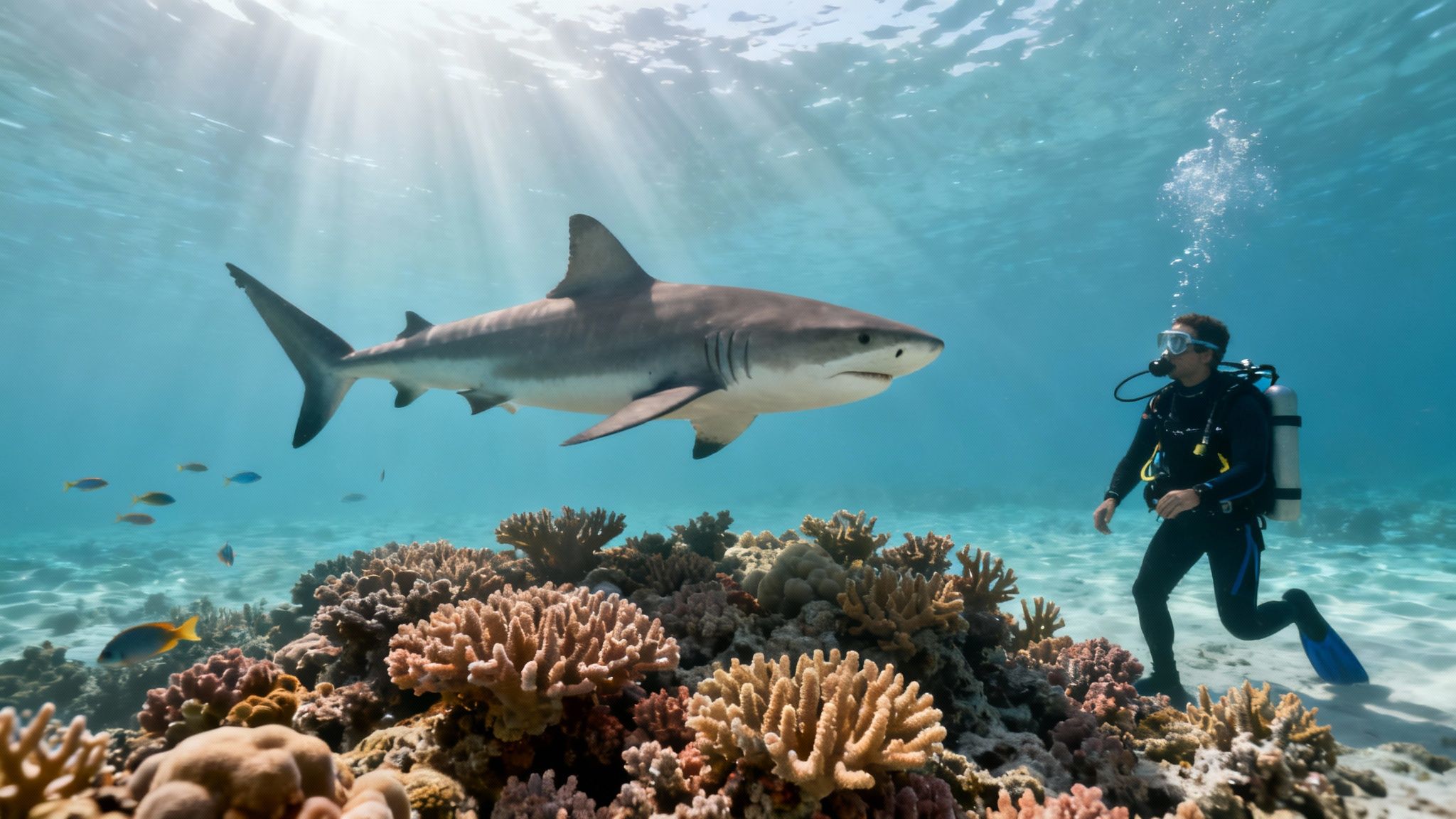Underwater scene with a diver, a shark, and vibrant coral reefs illuminated by sun rays.