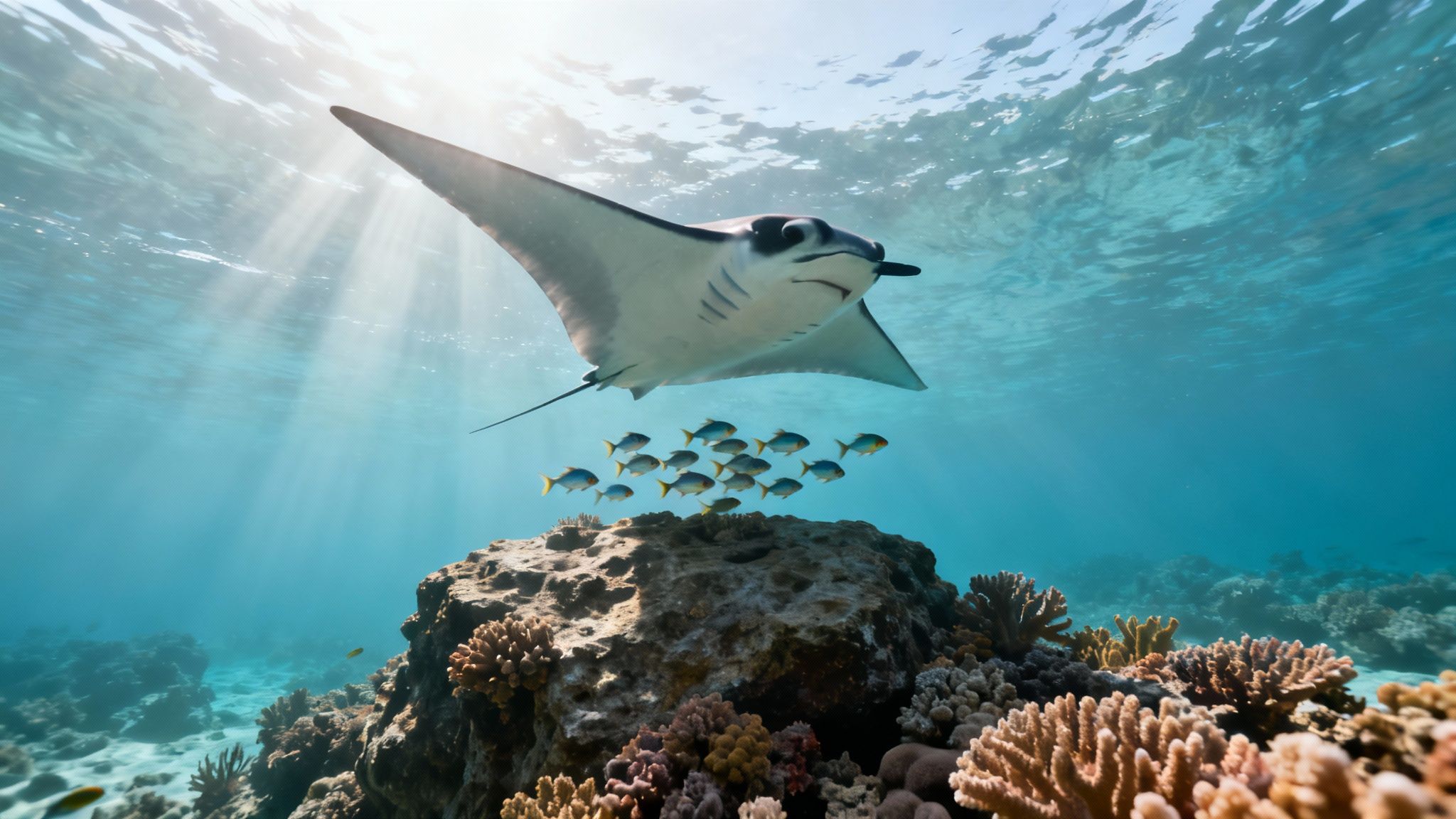 A lone manta ray glides over a sunlit coral reef during a daytime scuba dive in Kona, Hawaii.
