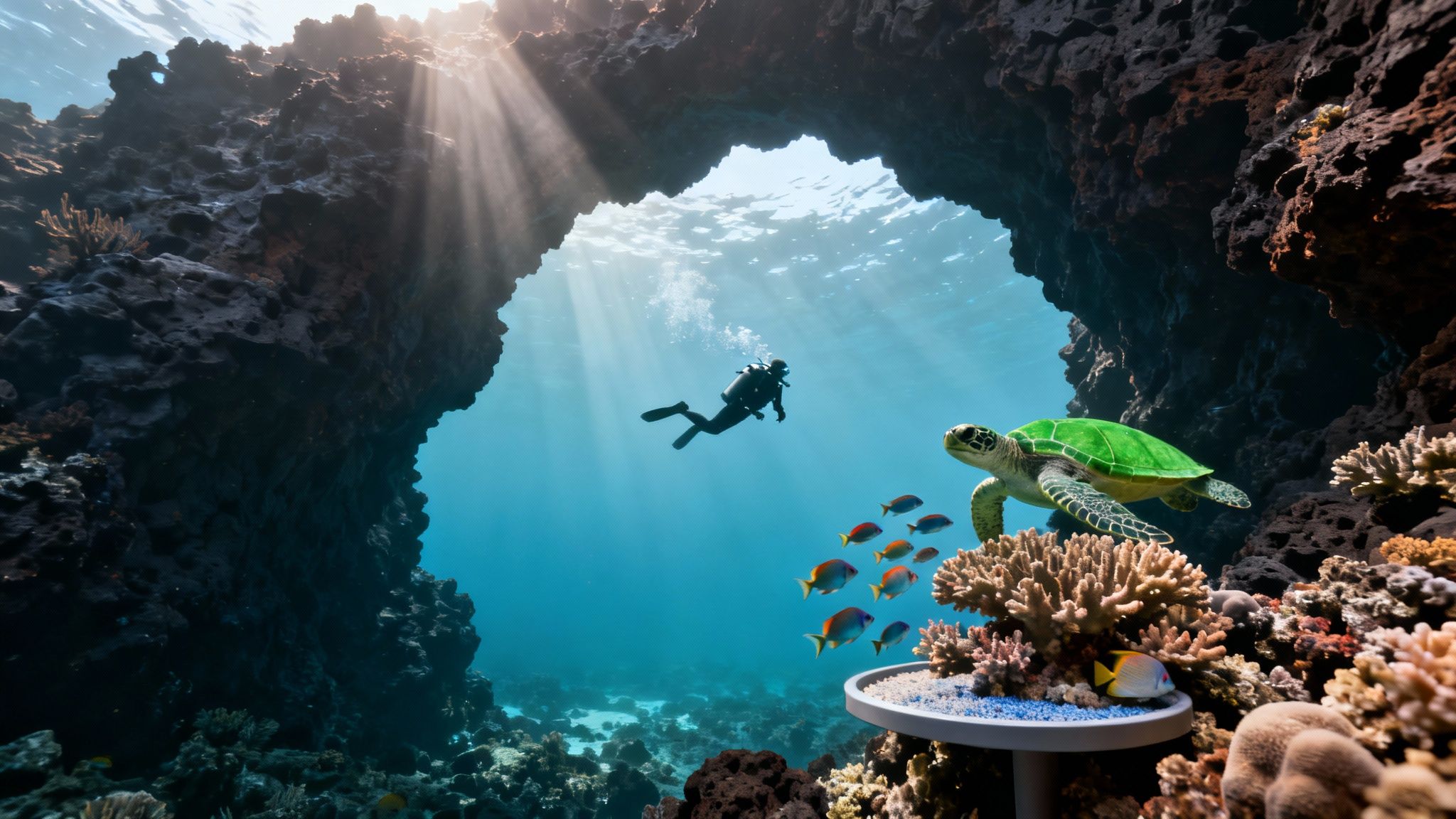 A vibrant underwater cave scene with a diver, green sea turtle, and tropical fish.