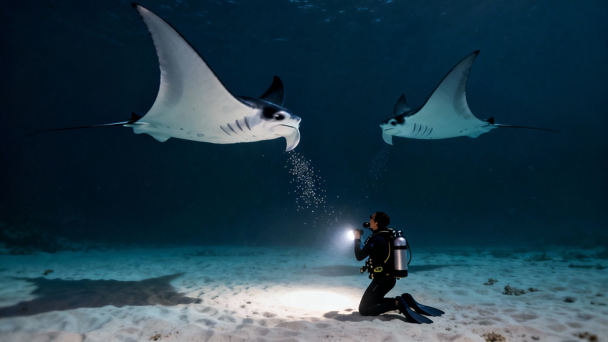 A scuba diver shines a light on two majestic manta rays feeding underwater at night.