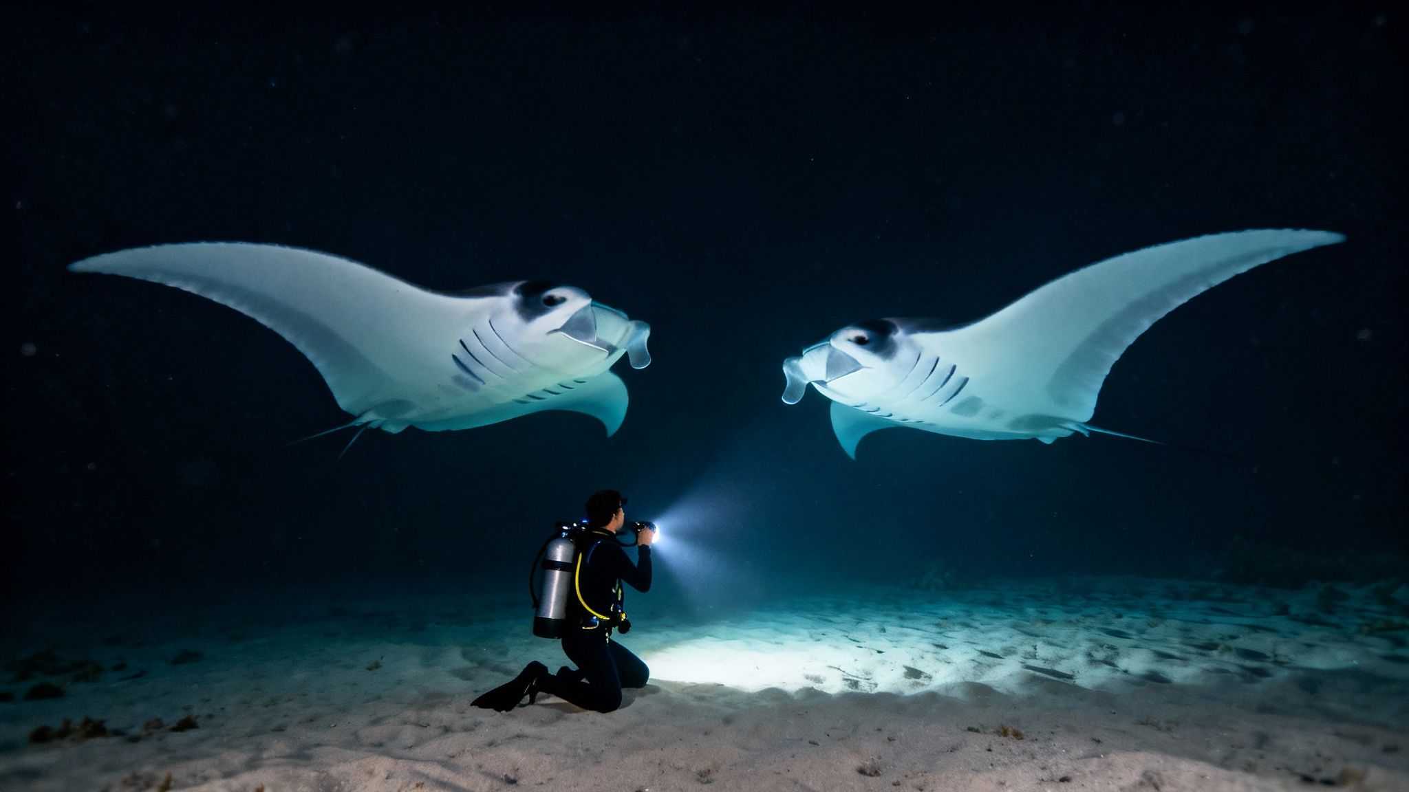 A diver on the sandy ocean floor shines a flashlight on two magnificent manta rays swimming overhead at night.