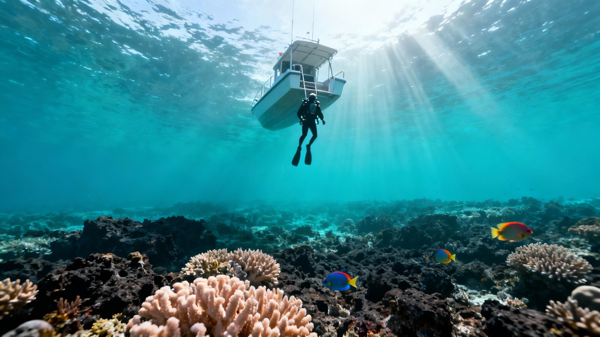 A scuba diver descends from a boat into a vibrant coral reef with colorful fish and sunbeams.
