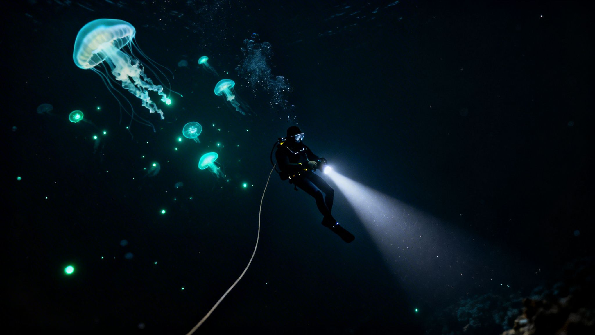 A diver with a flashlight explores a dark underwater cave filled with glowing jellyfish.