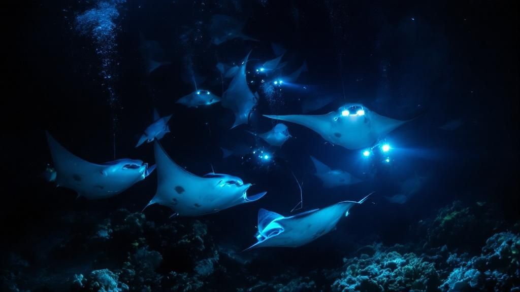 A large manta ray glides through dark water, its white underbelly illuminated by lights.