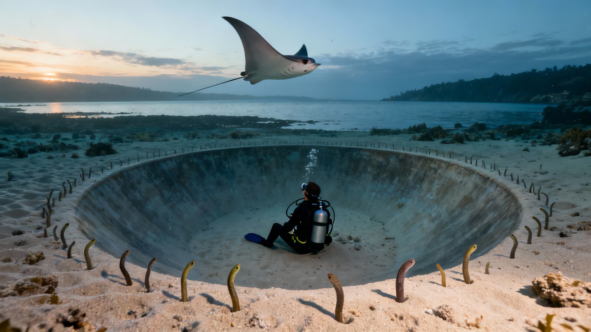 A diver sits in an underwater sandy pit, observing an eagle ray and garden eels at twilight.