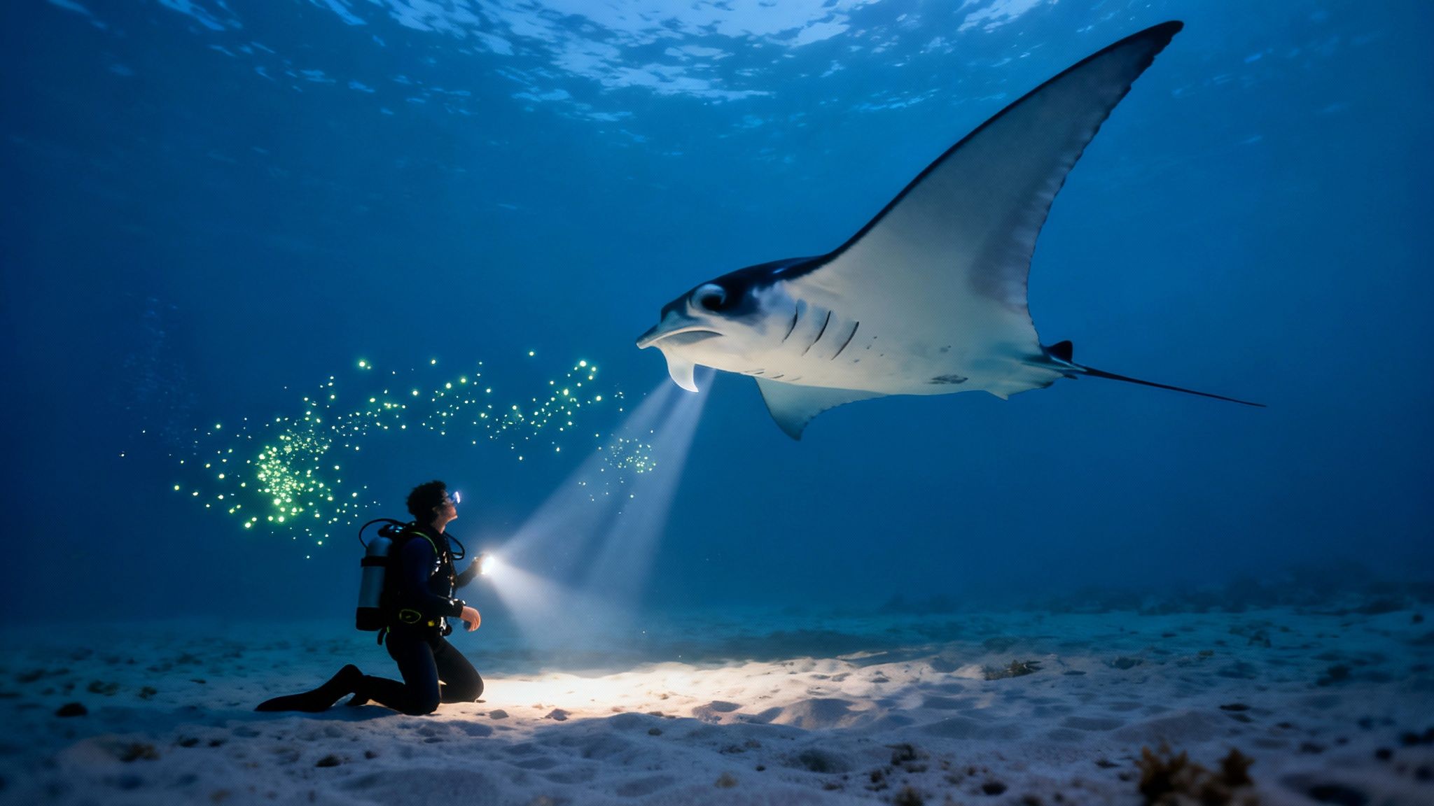 A manta ray gracefully glides through the dark water with divers' lights shining up from the ocean floor.