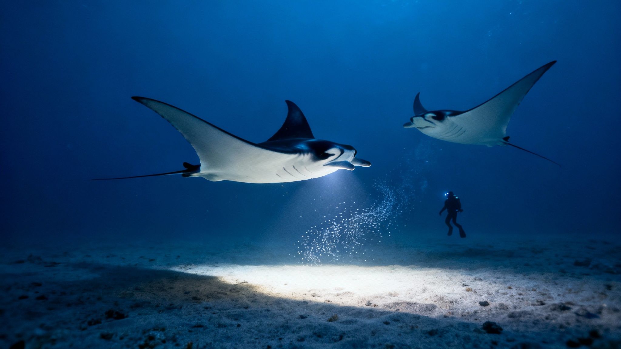 Majestic manta ray glides through the dark water illuminated by dive lights.