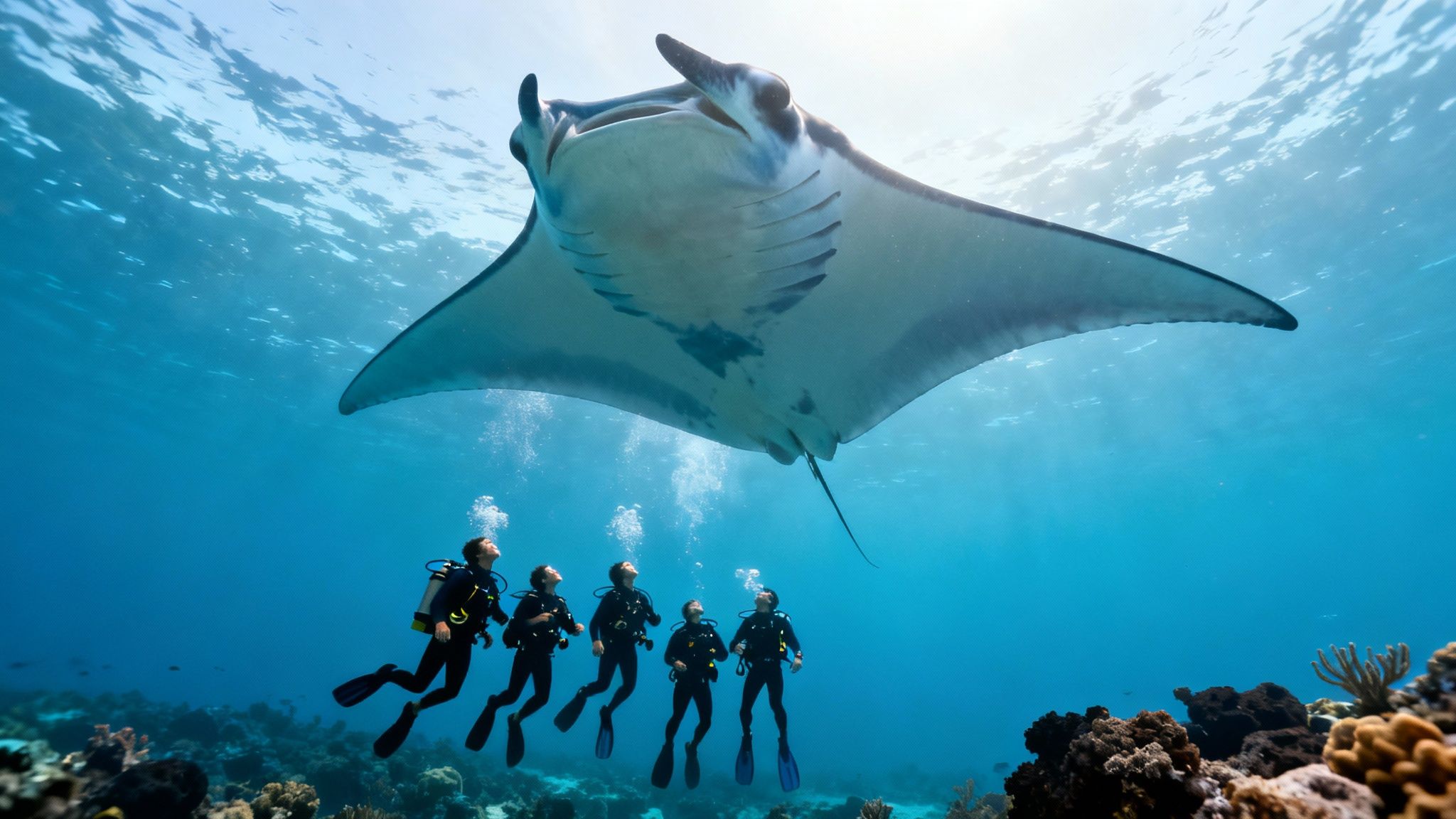 A scuba diver illuminates two giant manta rays swimming overhead at night in Kona, Hawaii.
