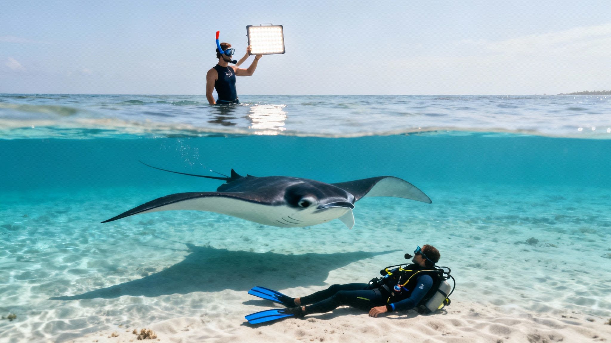 Split-level photo showing a manta ray approaching a diver, with a snorkeler holding a light above water.