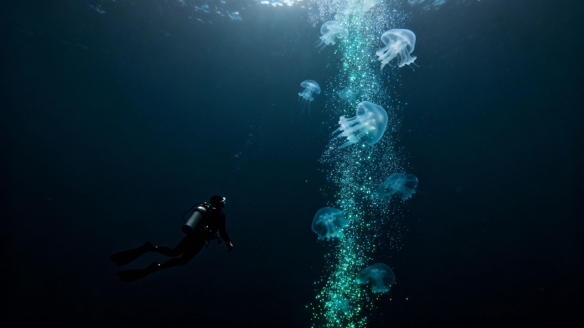 A scuba diver explores a dark underwater cave with a dive light on the Big Island.