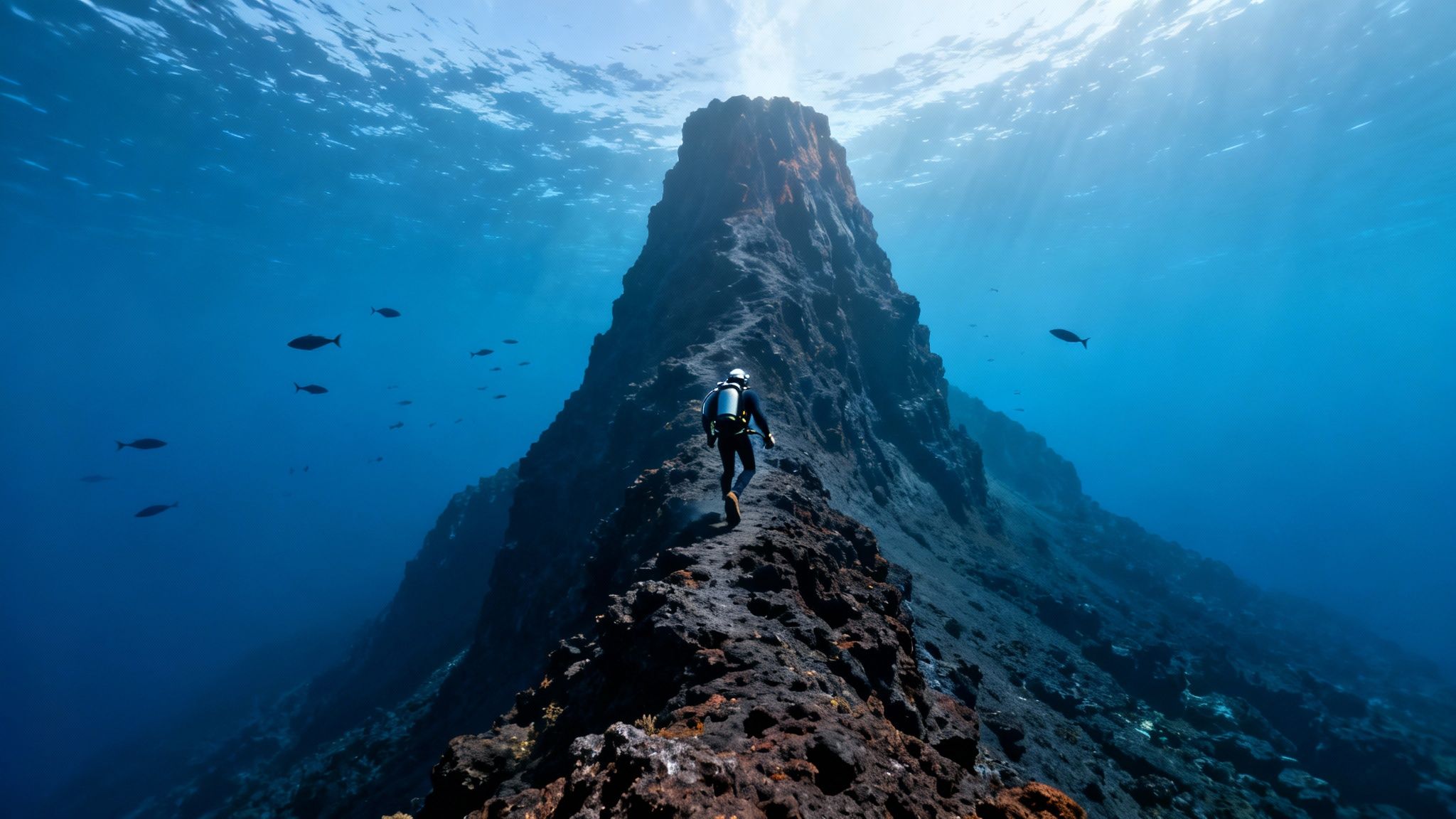 A lone scuba diver walks along a volcanic ridge under deep blue ocean waters with fish.
