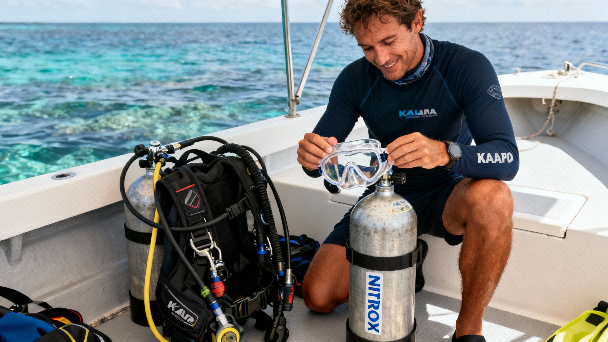 A smiling man on a boat prepares his diving mask and scuba gear, with clear ocean water behind.