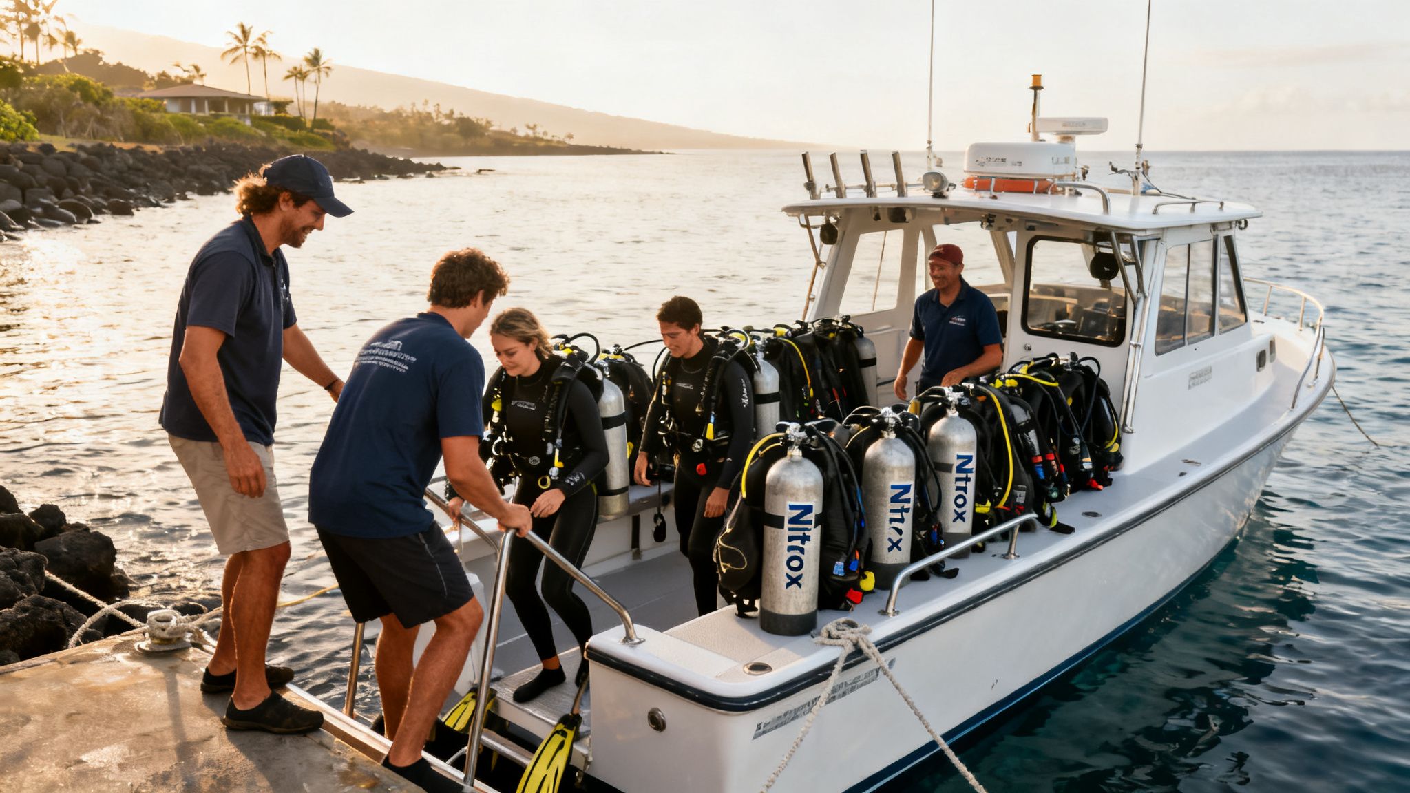 Group of scuba divers and crew boarding a dive boat loaded with tanks in Hawaii.