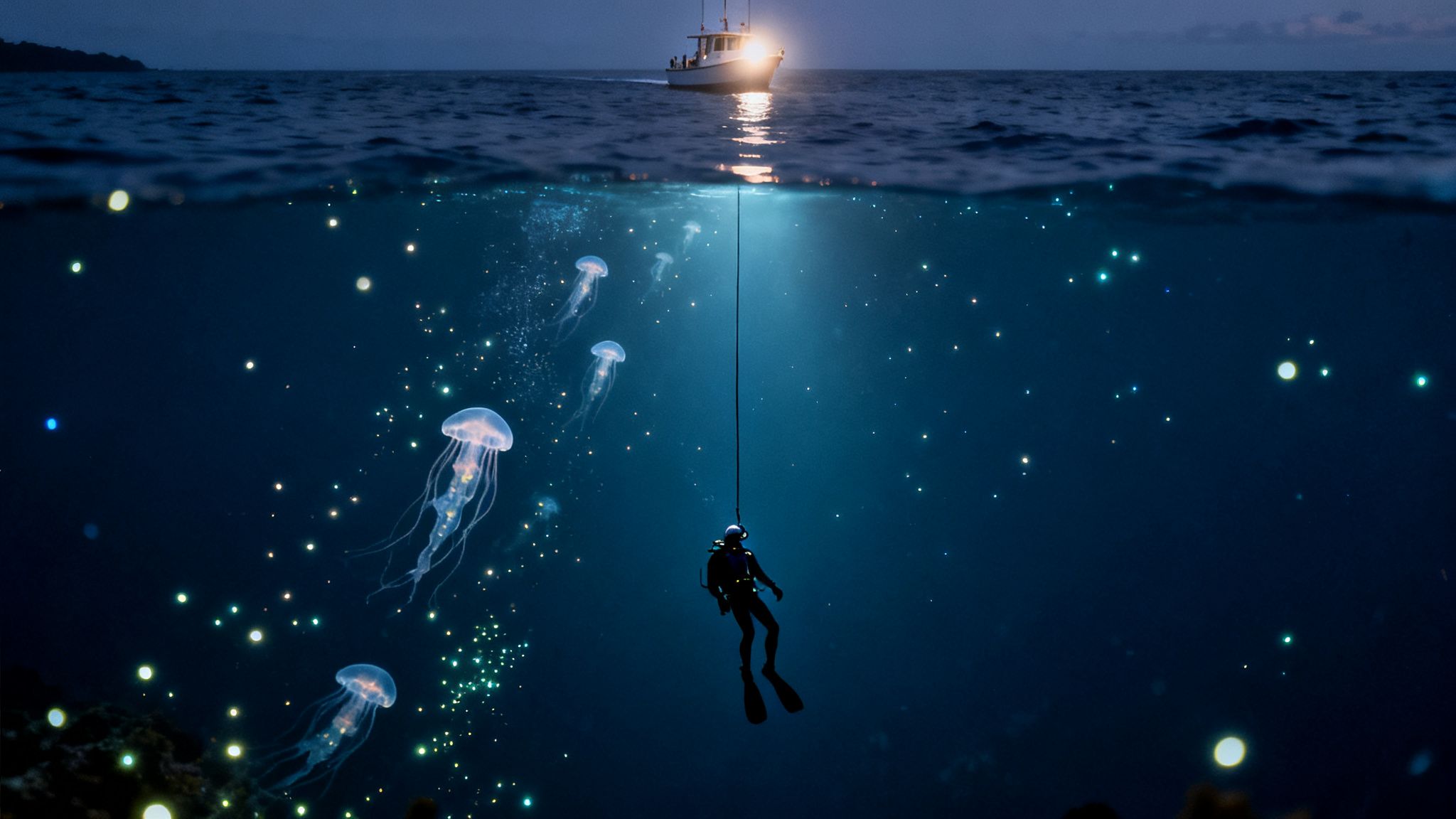 Split image: a boat above ocean surface, diver descends among glowing jellyfish below.