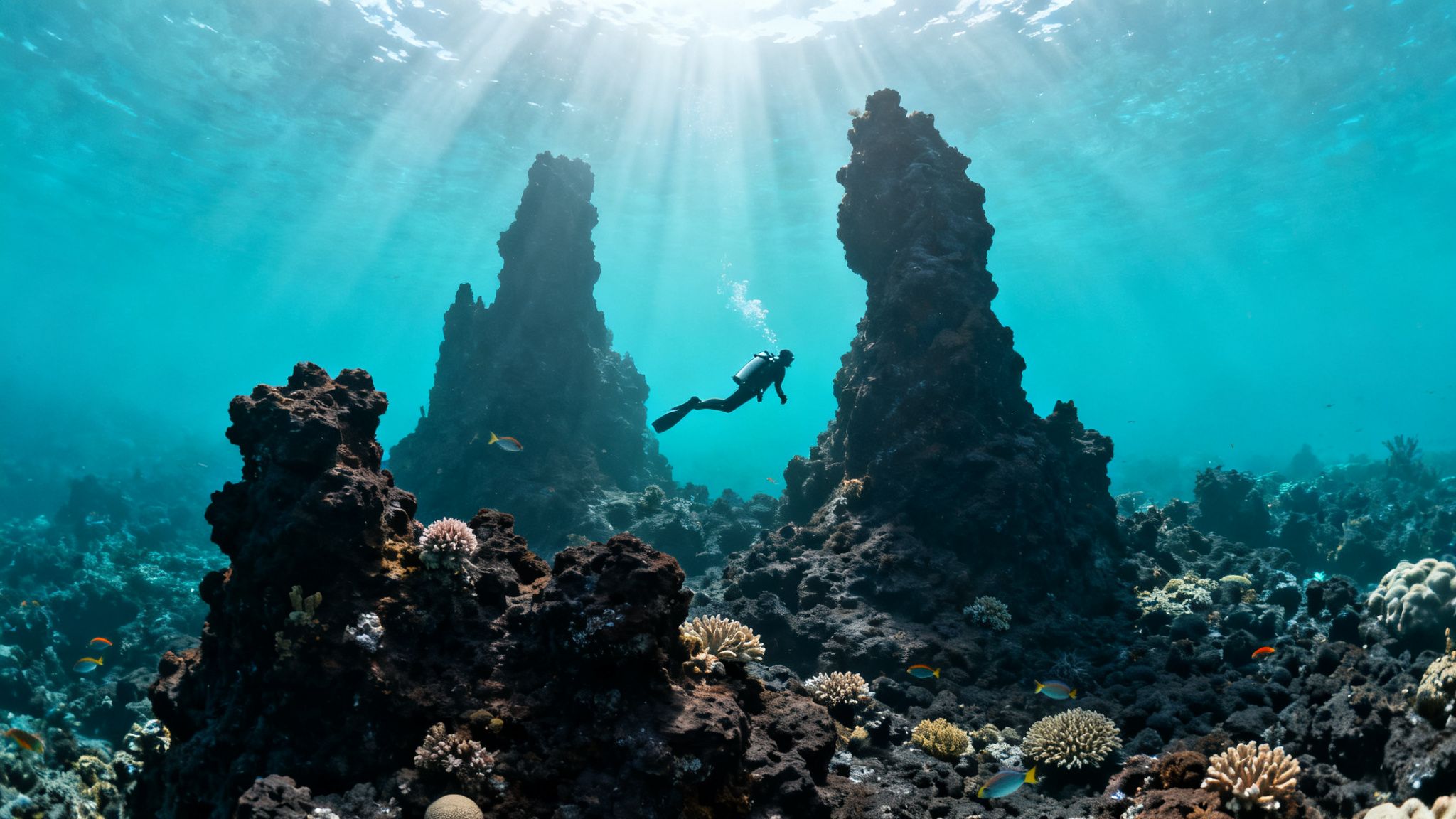 A scuba diver swims through stunning underwater rock formations with vibrant corals and sun rays above.