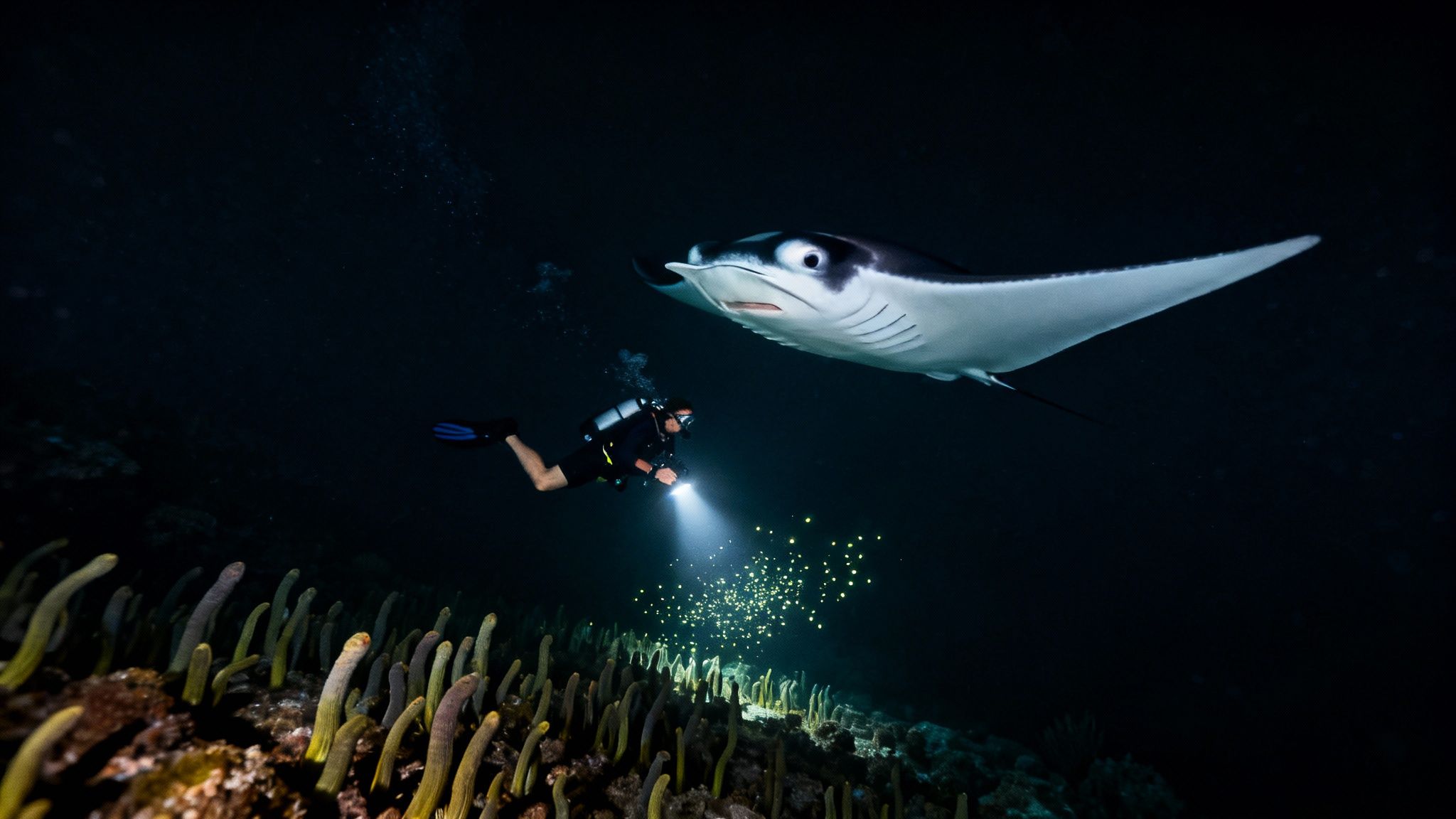 A manta ray gracefully glides through the water at night, illuminated by divers' lights on the Big Island.
