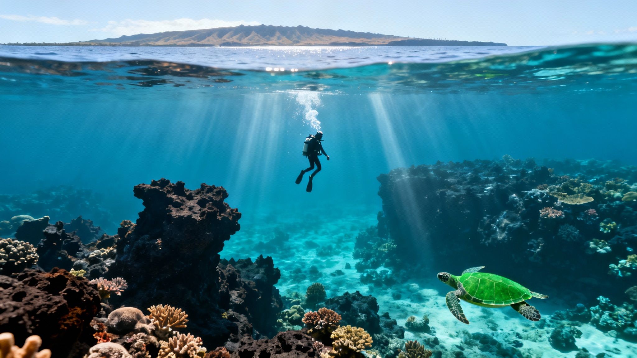 A scuba diver and green sea turtle swim in a vibrant coral reef, with mountains above water.