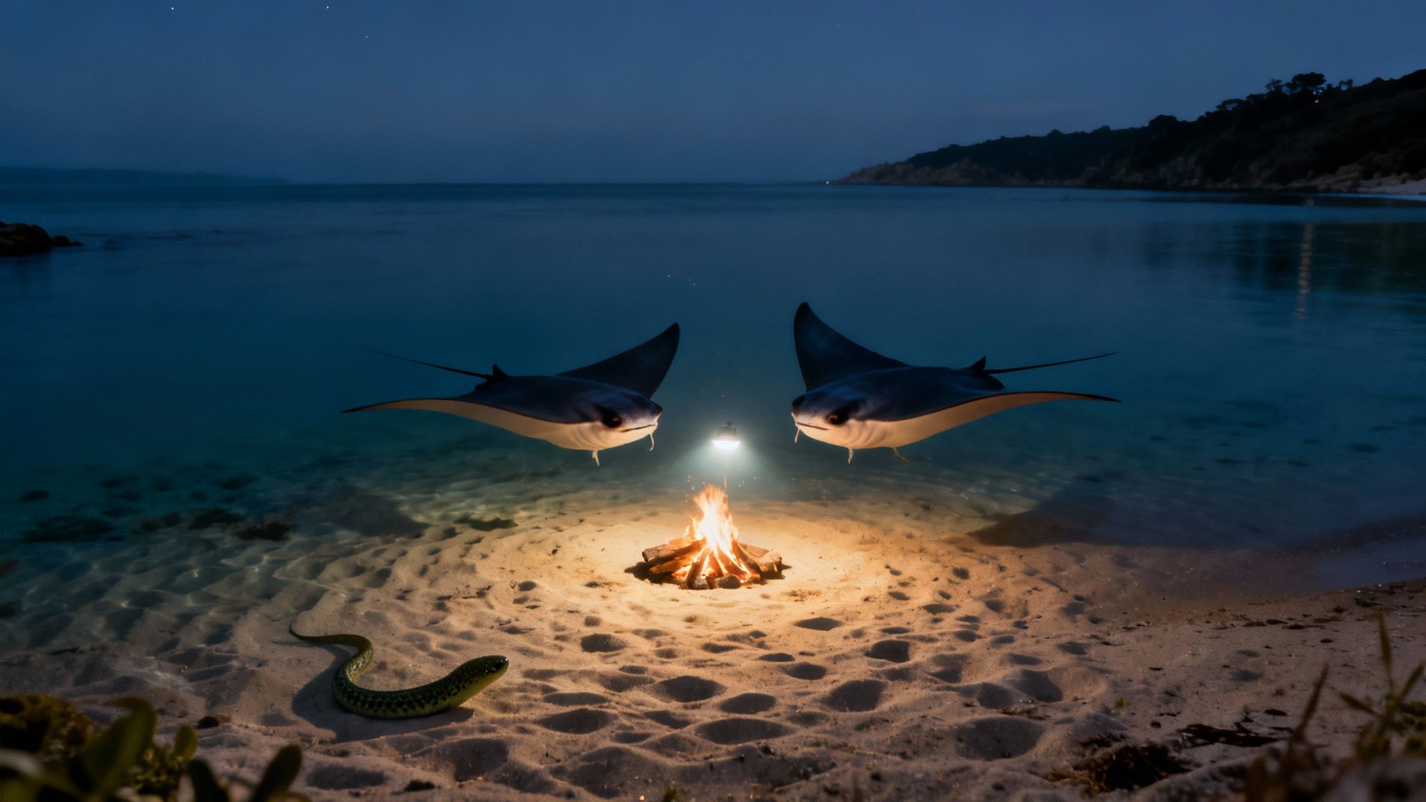 Night scene with two manta rays, a snake, and a campfire on a sandy tropical beach.