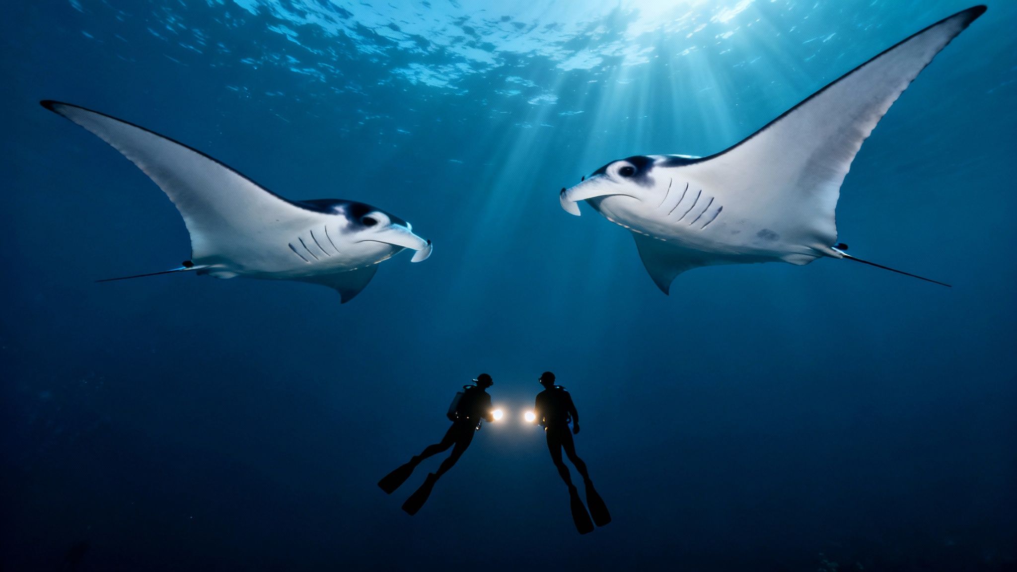 Two majestic manta rays swim above scuba divers with lights in stunning deep blue ocean water.