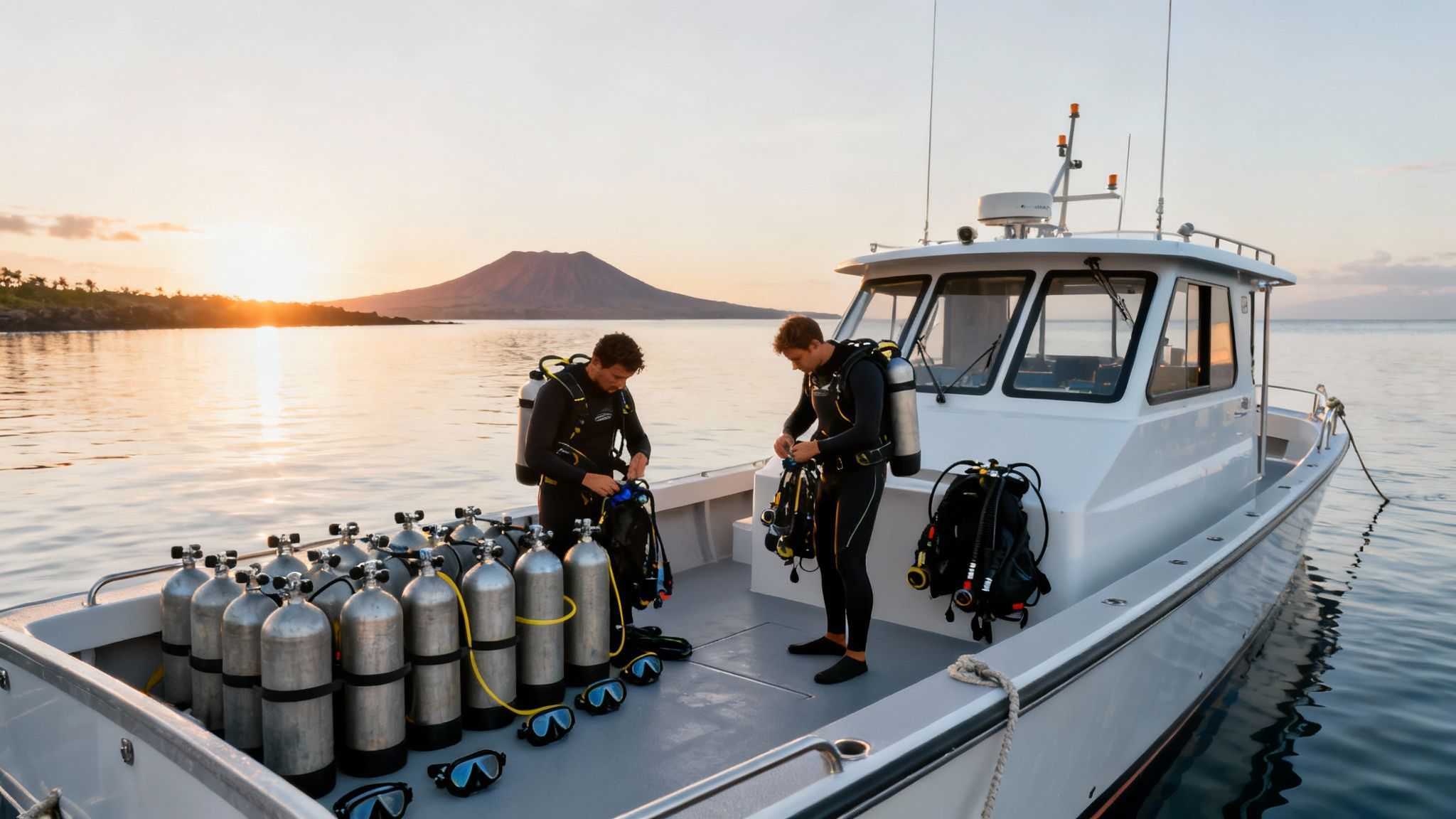Two men in wetsuits prepare scuba diving gear on a boat at sunset near a volcanic island.