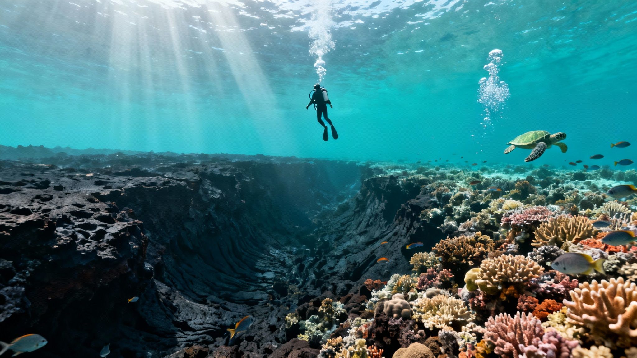 Sunlit underwater scene with a scuba diver, sea turtle, vibrant coral reef, and deep trench.