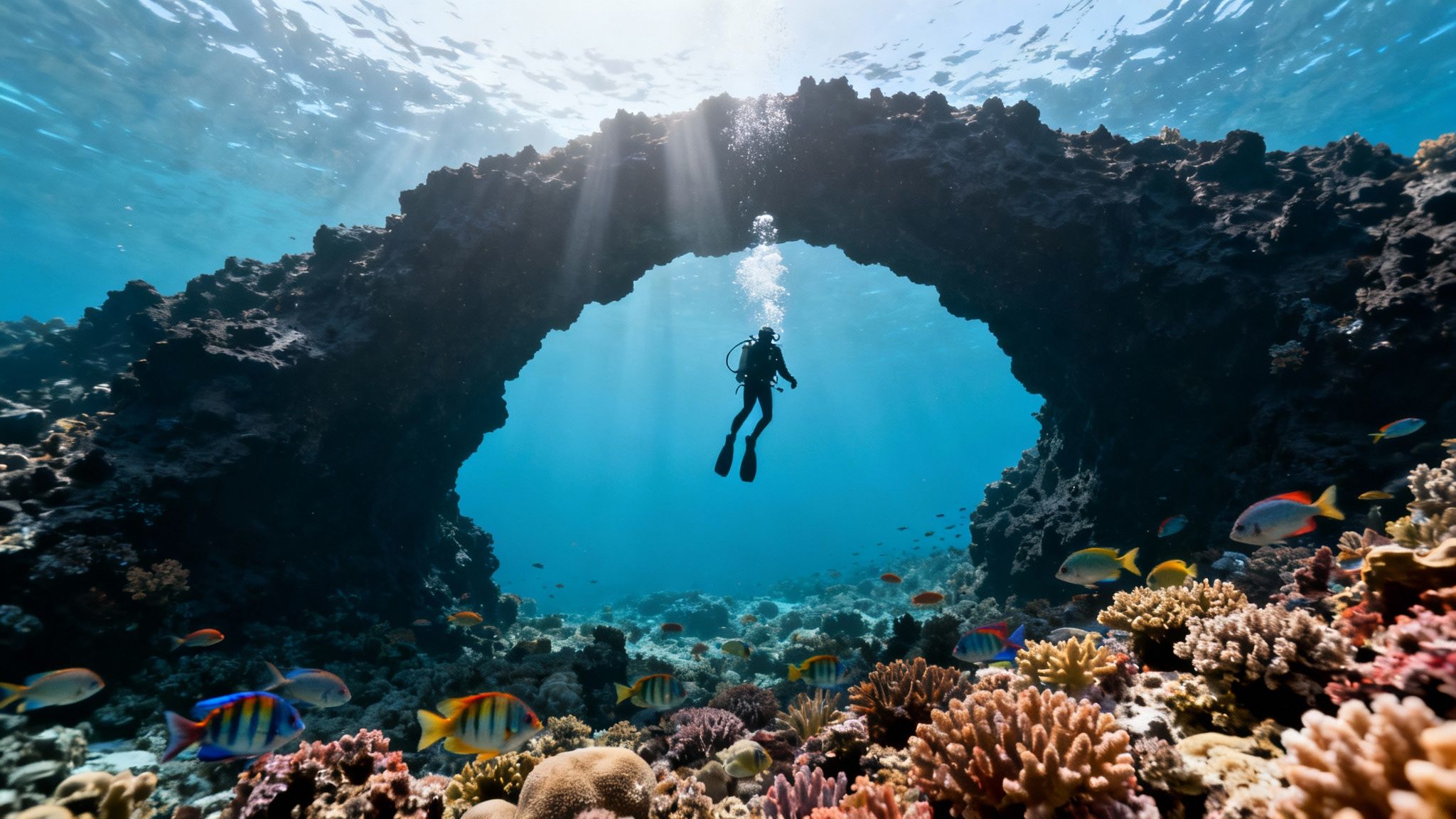 A scuba diver swimming through a vibrant coral reef with clear blue water on the Big Island of Hawaii.