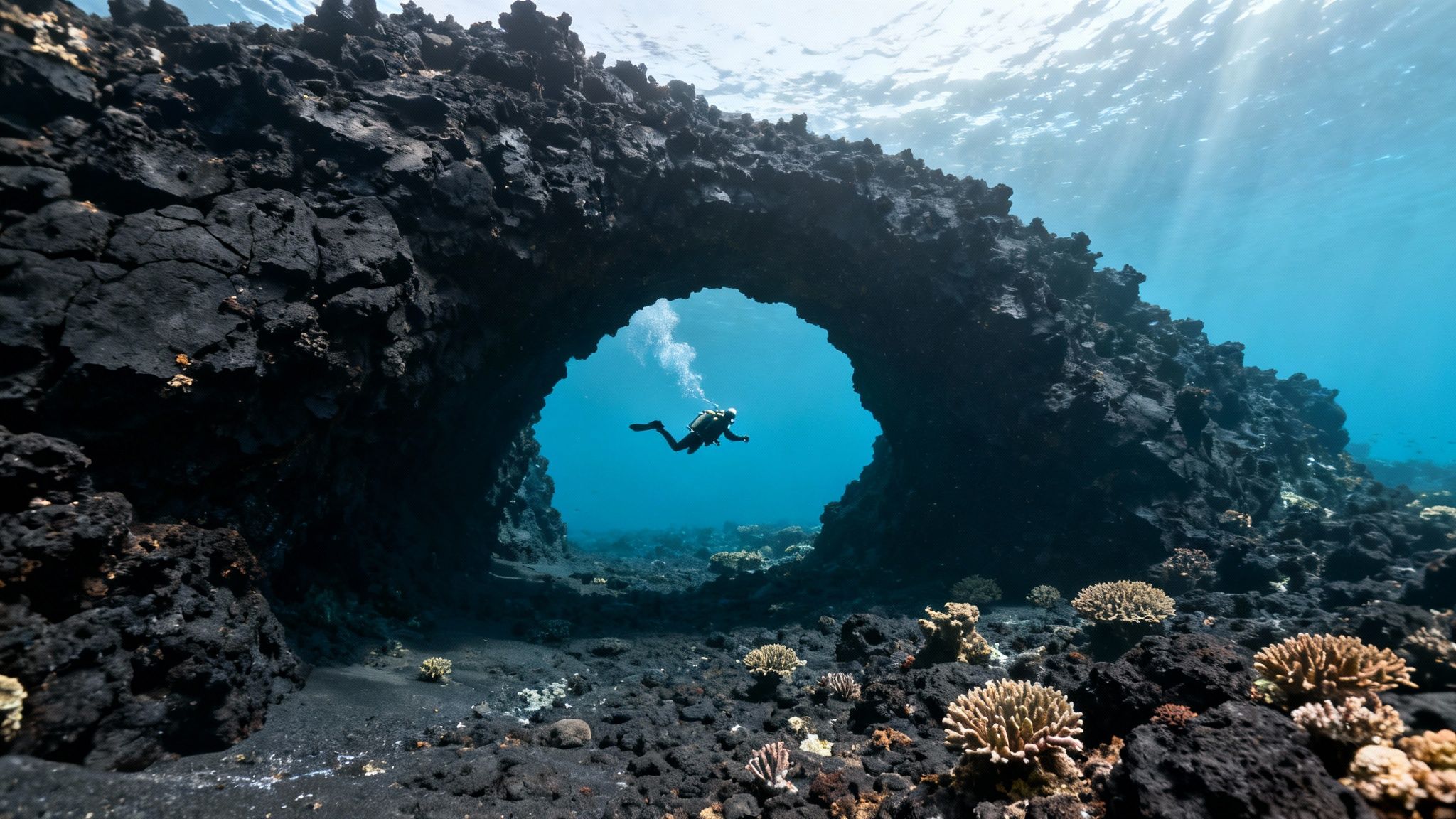 A scuba diver explores a vibrant coral reef with clear blue water in the background