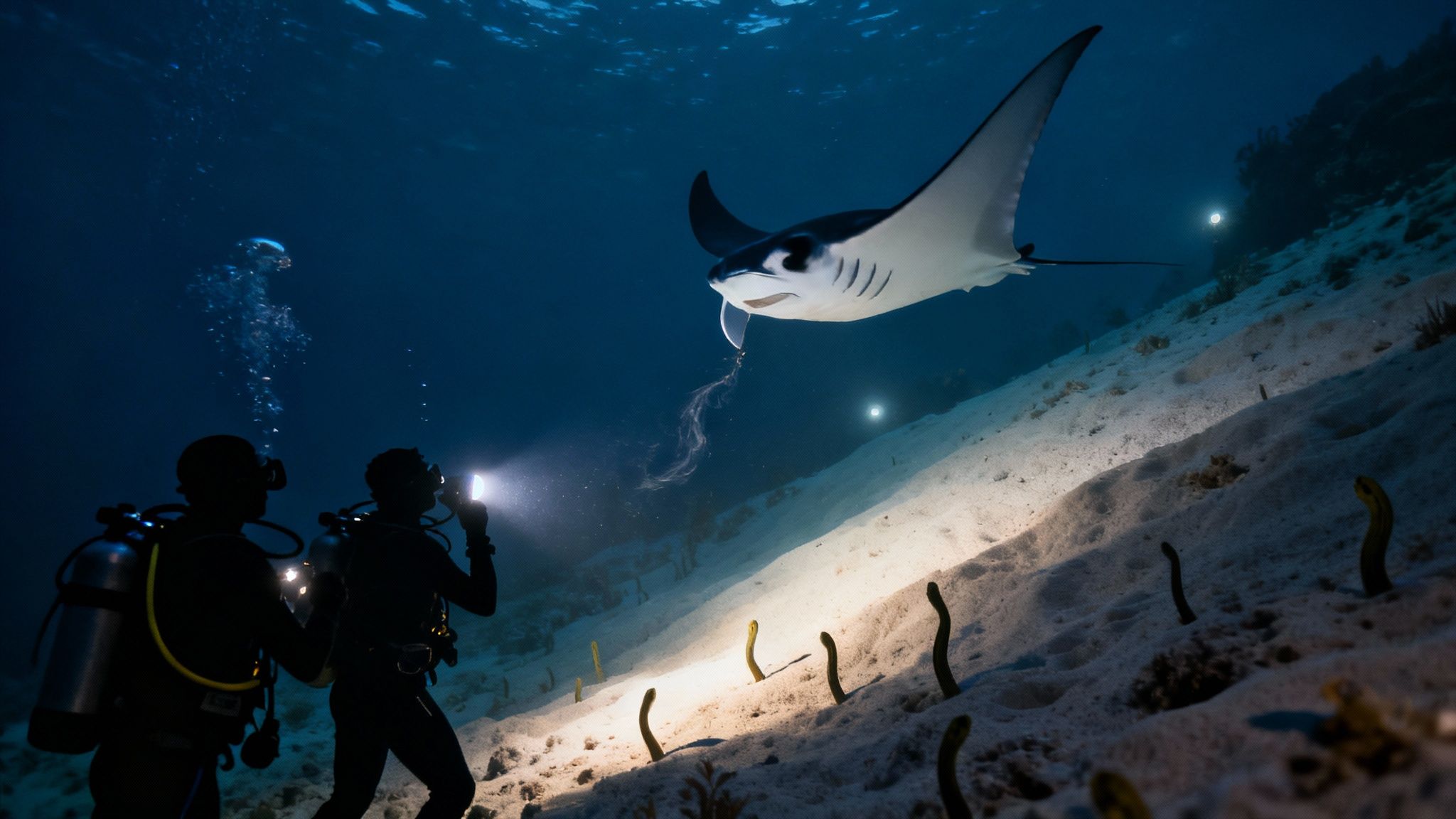 Scuba divers shine torches on a majestic manta ray swimming over a sandy seabed at night.