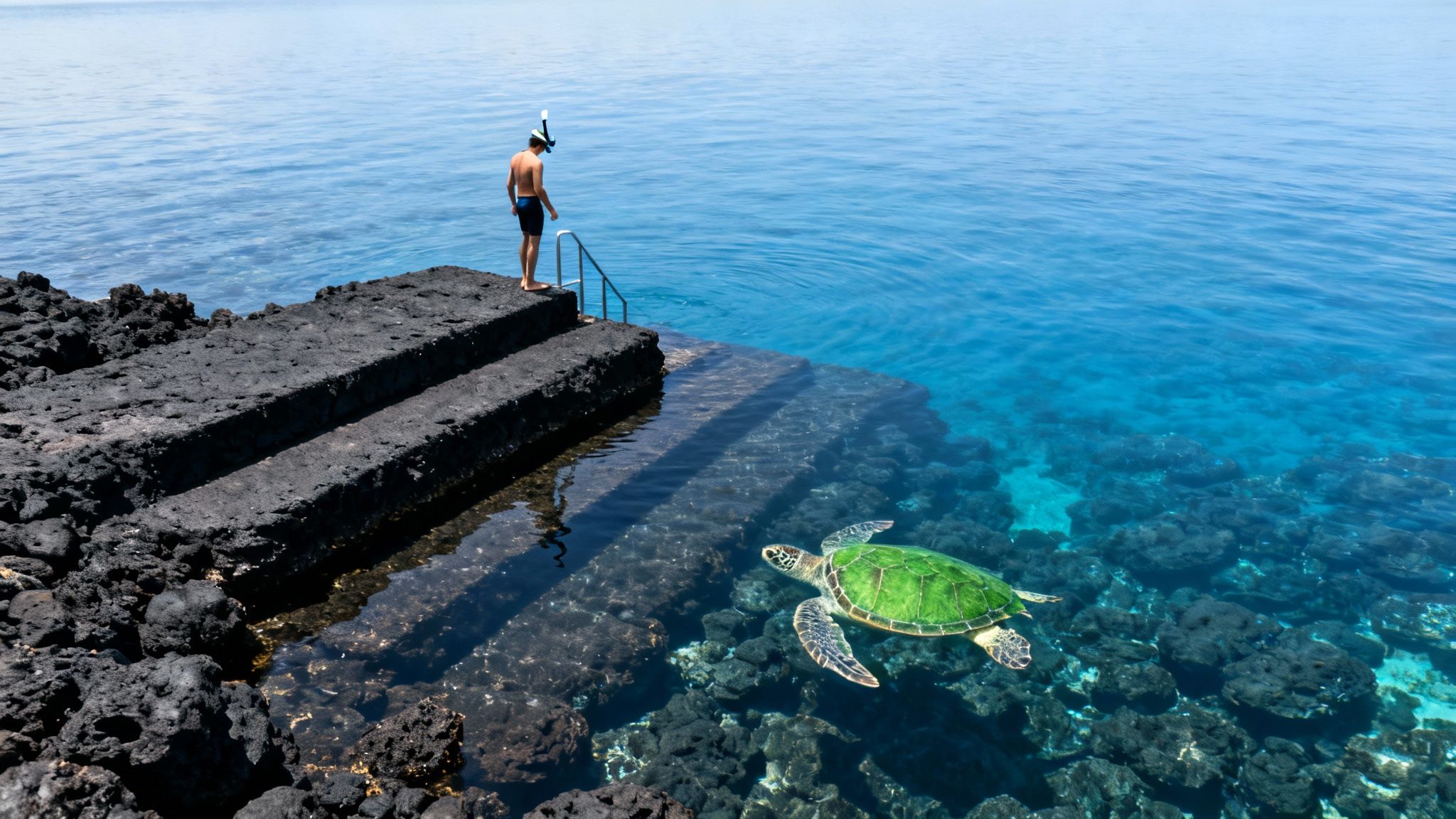 A snorkeler stands on a dark rocky platform, observing a large sea turtle in clear blue ocean water.