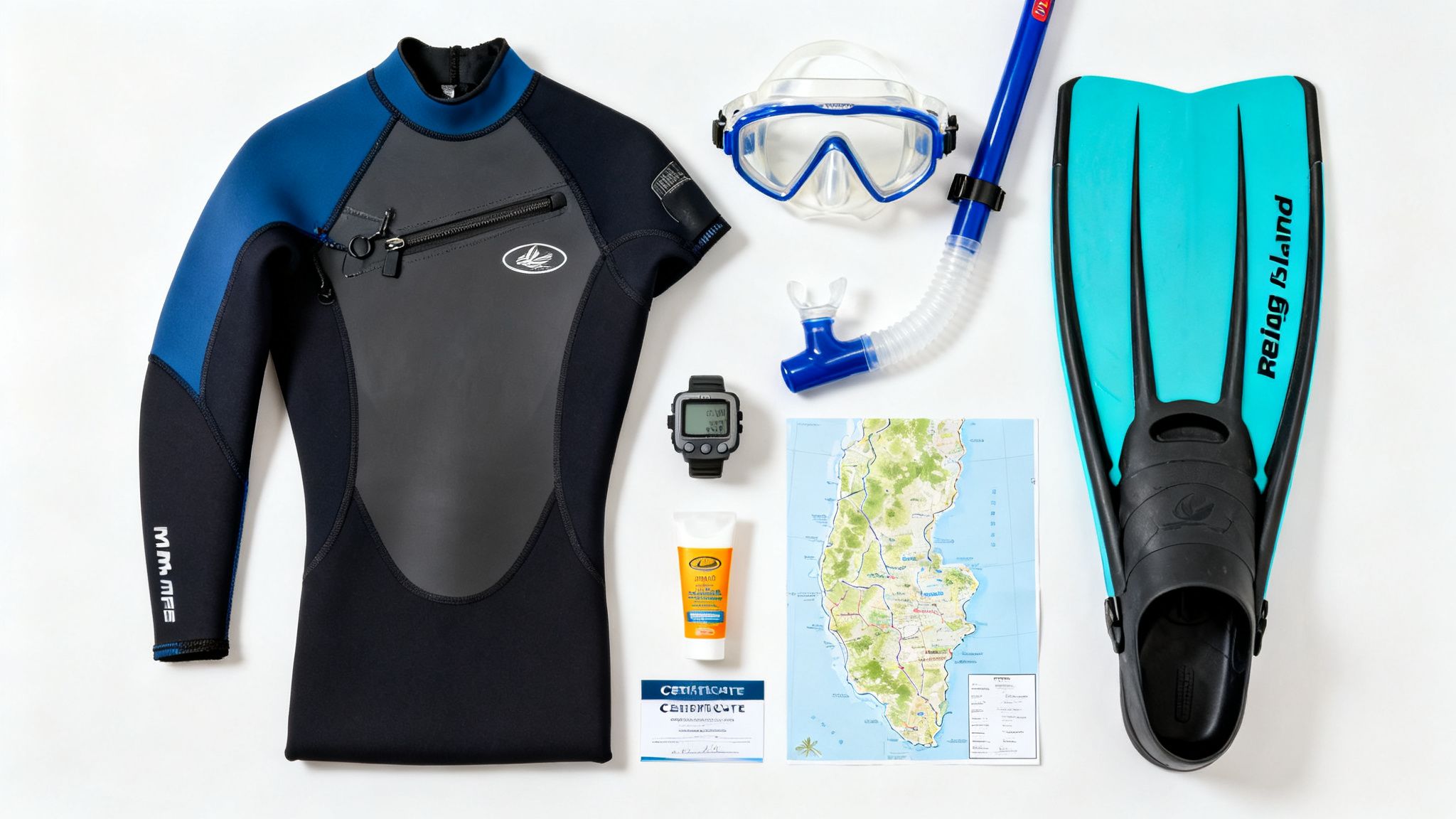 Flat lay of scuba diving equipment: wetsuit, mask, snorkel, fins, dive computer, and map.