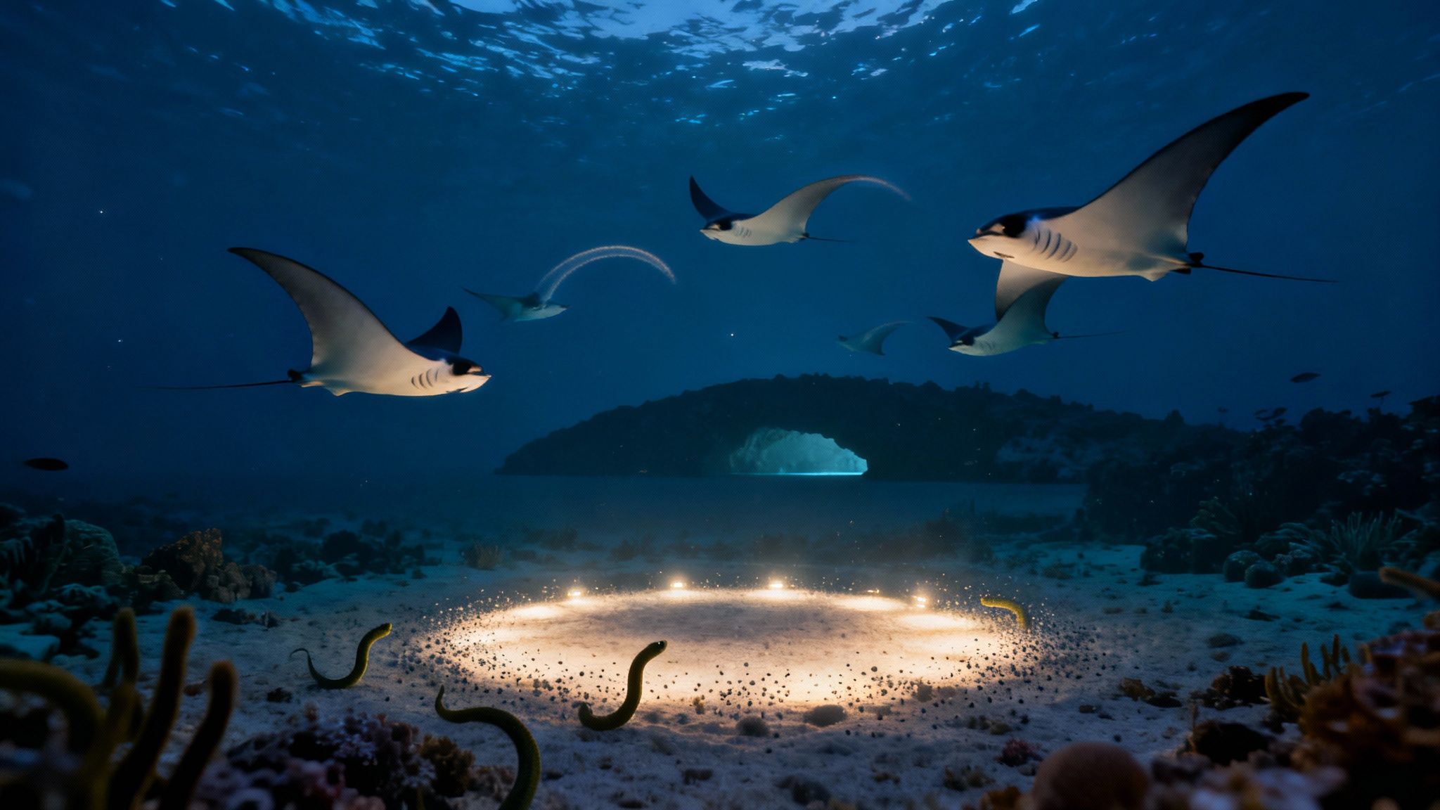 Multiple manta rays swim above an illuminated circle on the sandy seabed, with eels and a glowing cave.