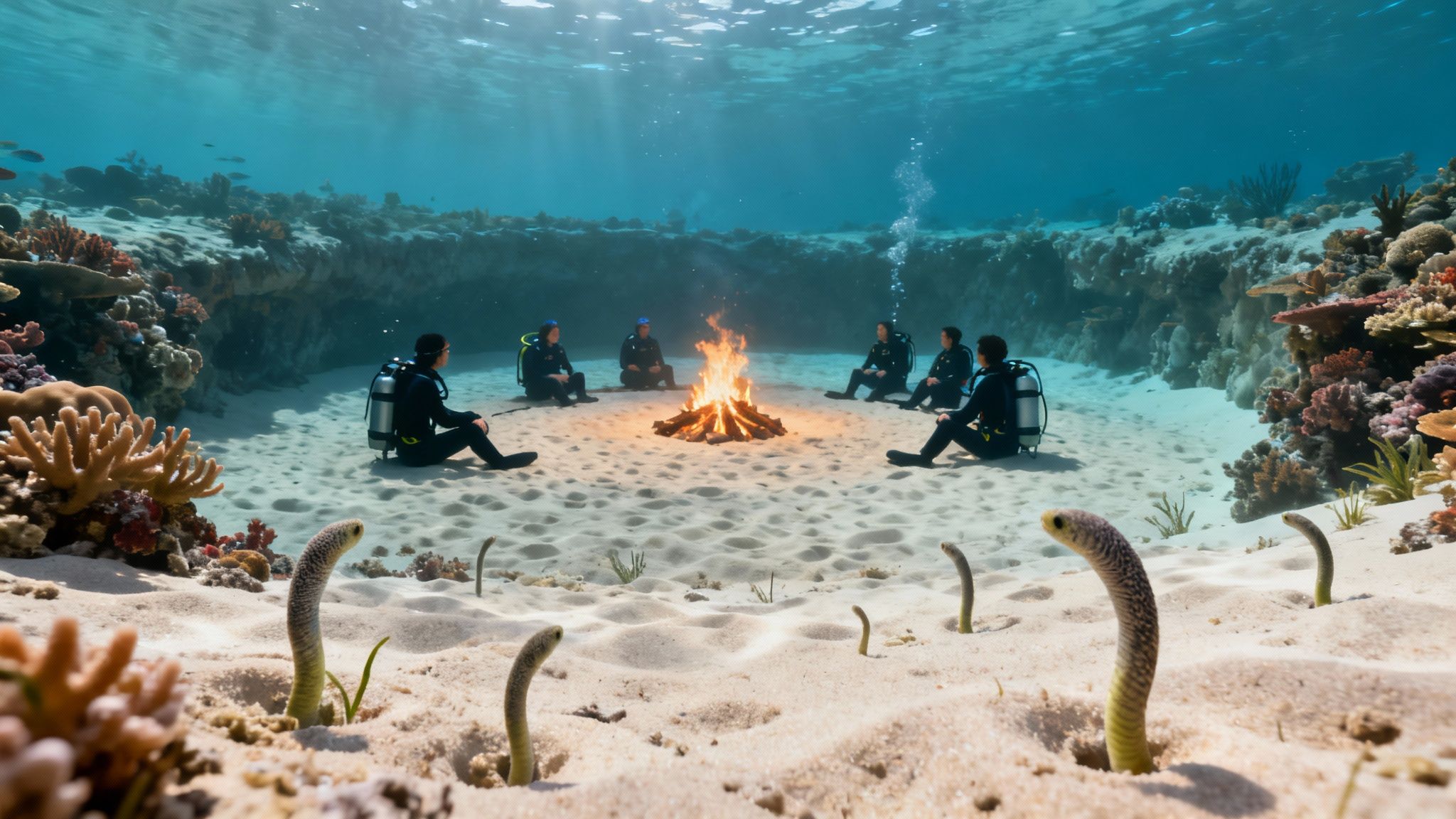 Scuba divers gathered around an underwater campfire on a sandy seabed with coral and garden eels.