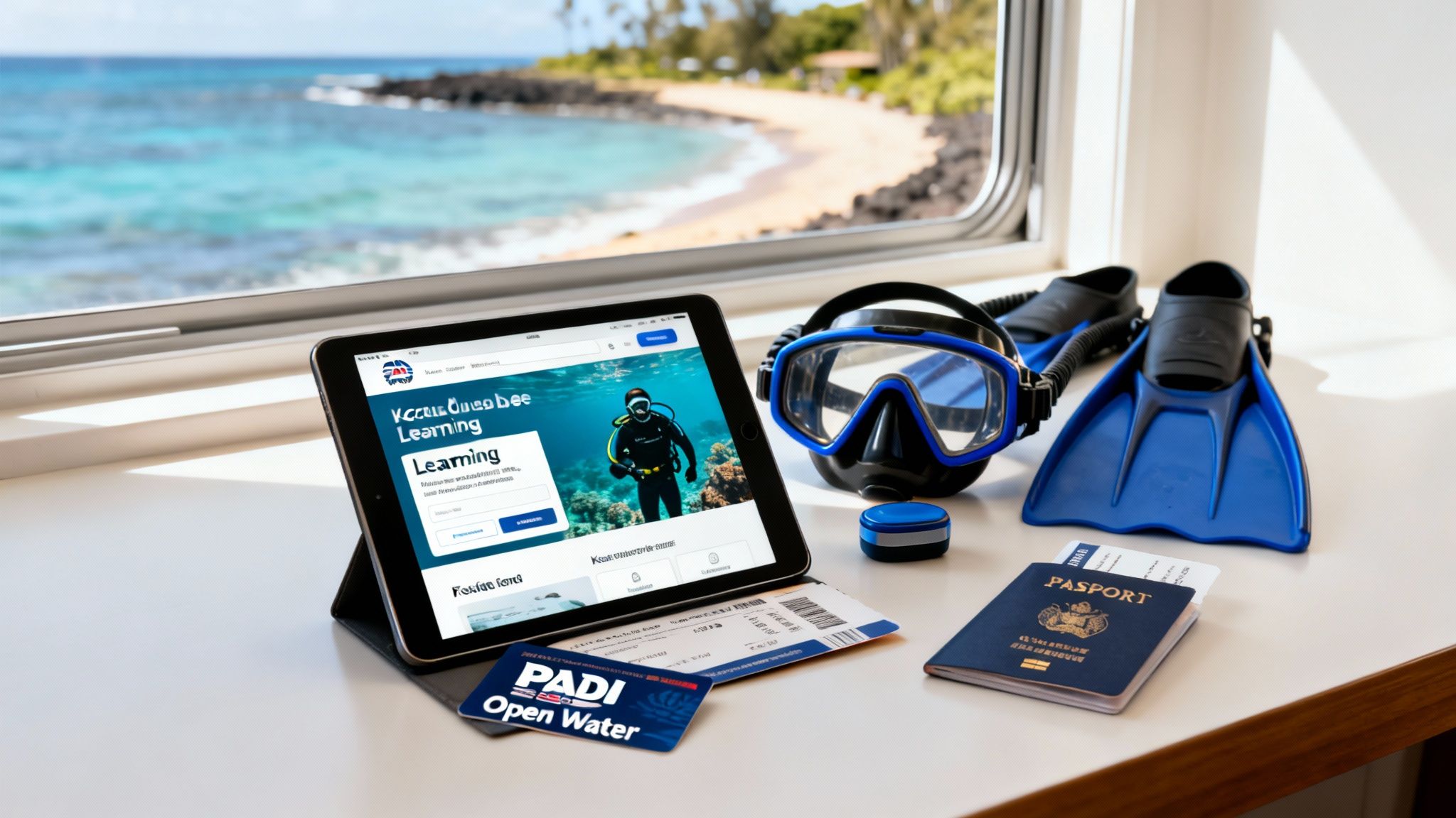 Scuba diving essentials: tablet displaying PADI learning, mask, fins, passport, and tickets, with a tropical beach view.