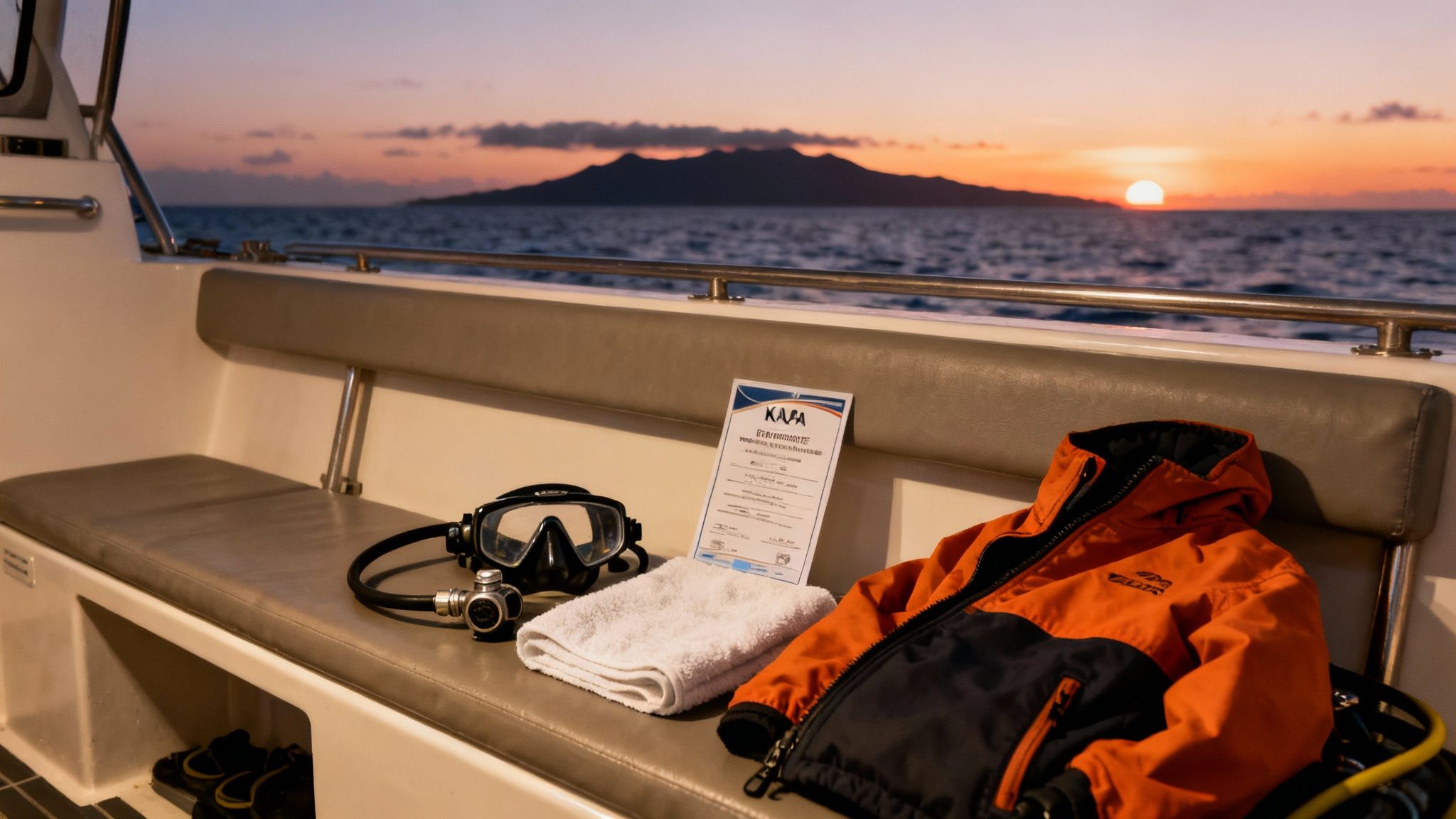 Diving gear, including a mask, regulator, and orange jacket, laid out on a boat bench at sunset.