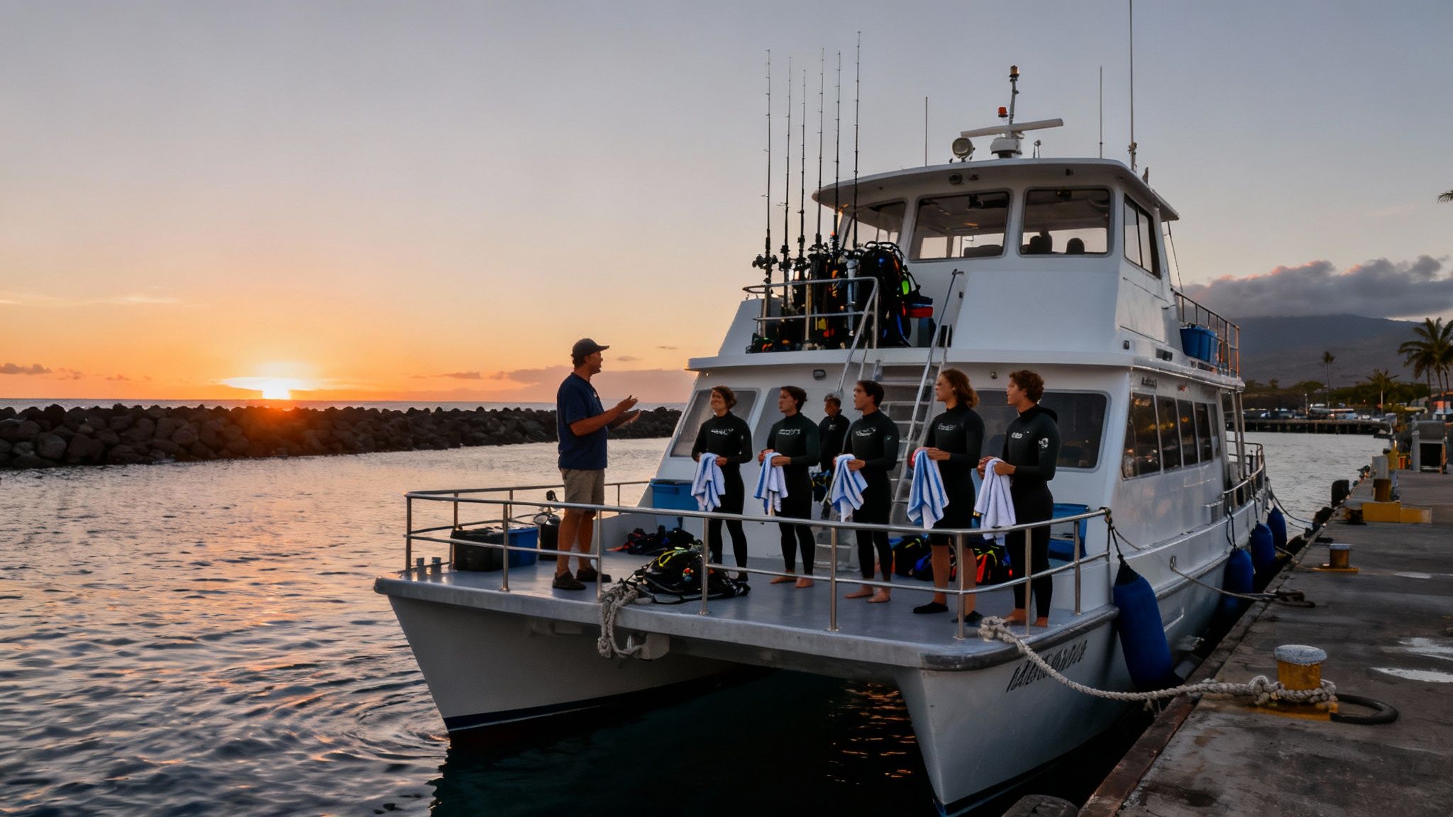 A scuba diver shines a light on a manta ray during a Kona night dive.