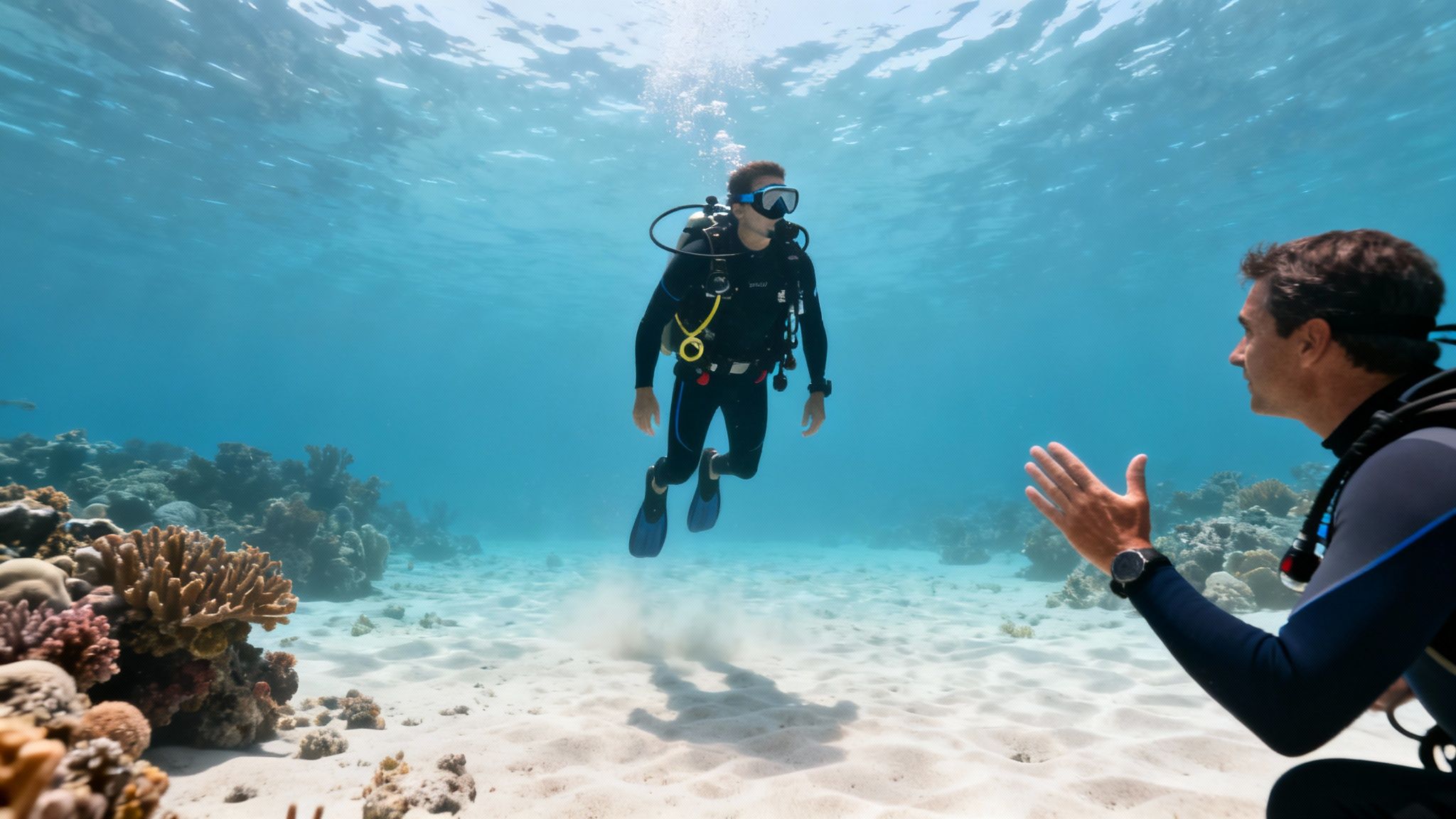Two scuba divers underwater in clear blue tropical ocean, one floating, one gesturing near a coral reef.