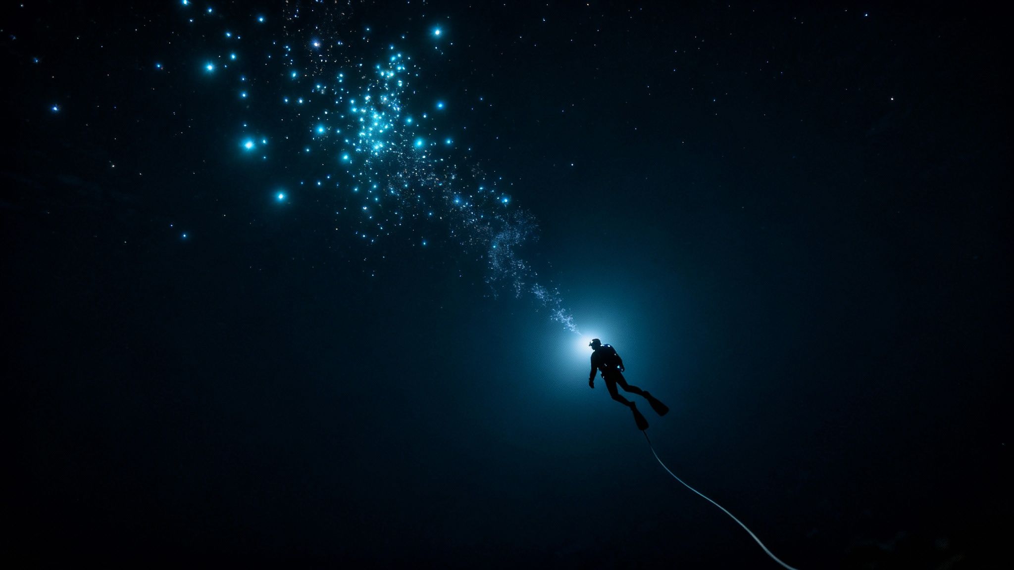 A lone scuba diver illuminates glowing particles in the deep dark ocean.