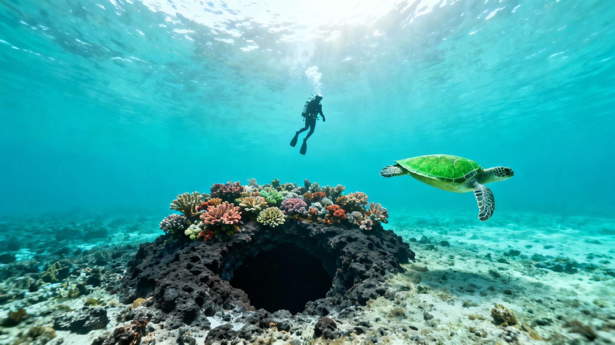 A vibrant underwater scene with a scuba diver, a green sea turtle, colorful coral, and an intriguing cave entrance.