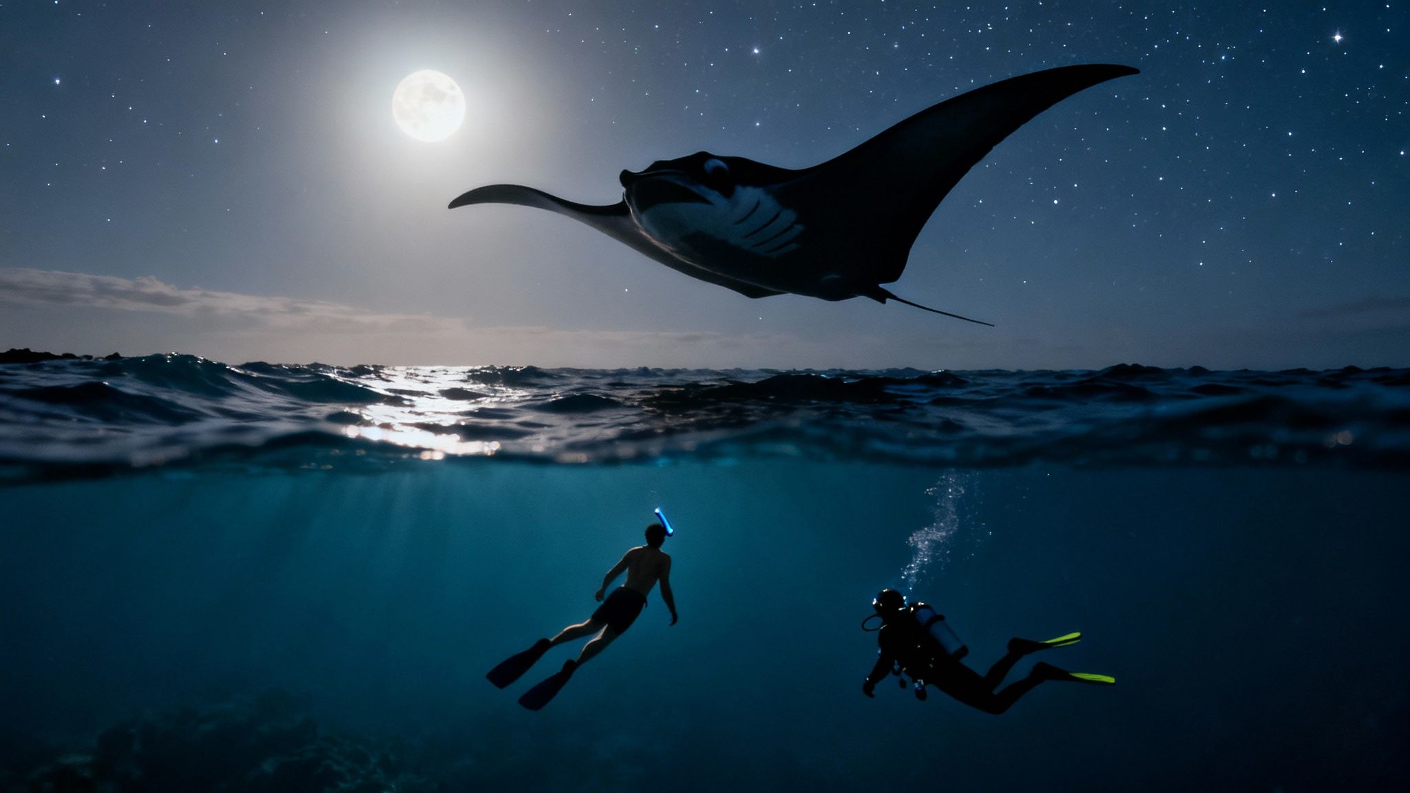 A majestic manta ray swims under a full moon and starry night sky, above two divers in the ocean.