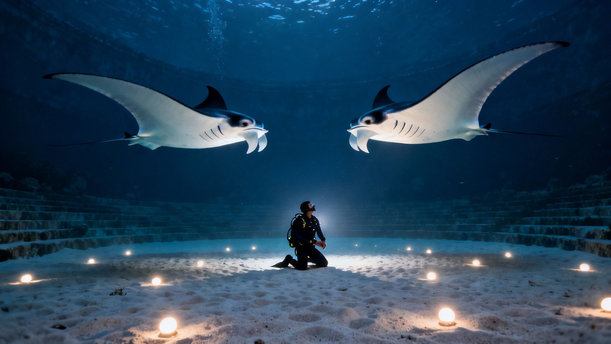 A scuba diver kneels on the illuminated ocean floor, observing two majestic manta rays in an underwater temple.