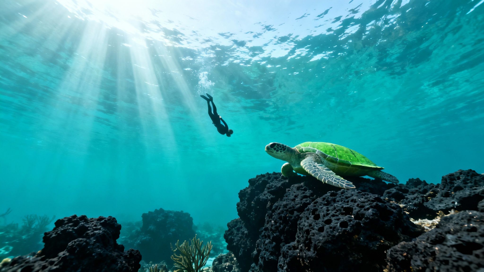Underwater scene with a diver and a green sea turtle on dark coral, illuminated by sun rays.