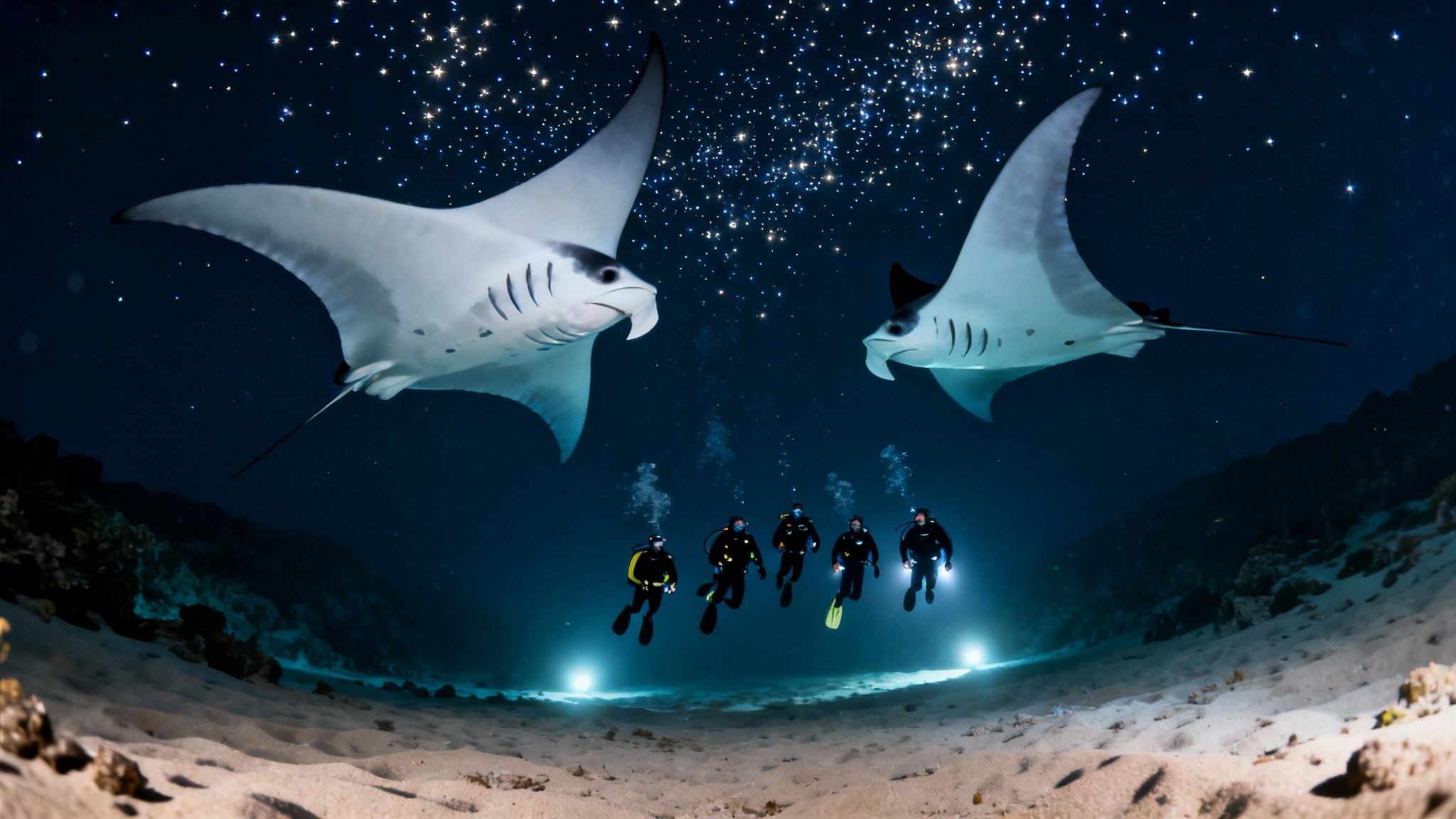 Two giant manta rays glide gracefully above five illuminated scuba divers in a stunning night dive.