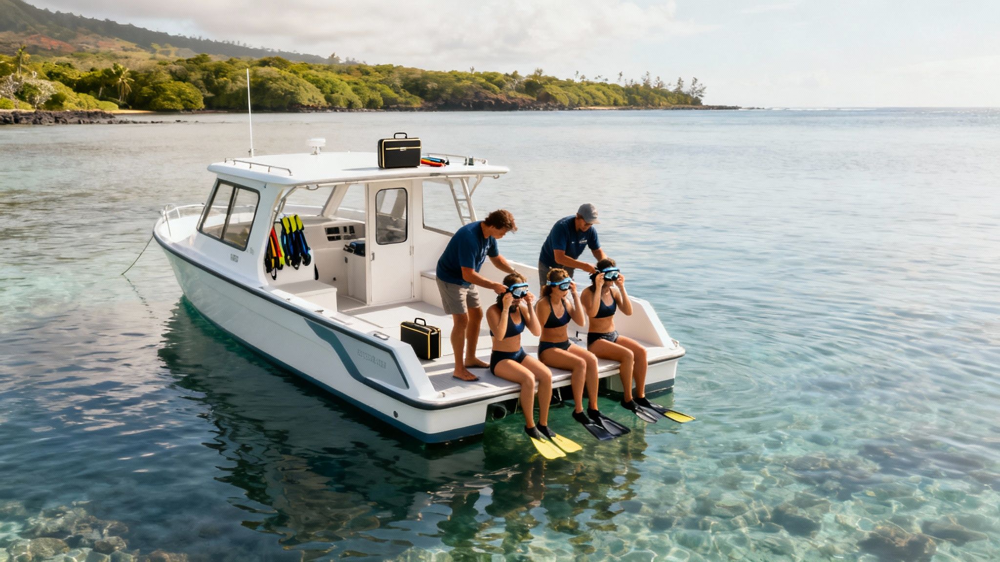 Three tourists preparing for snorkeling activity with guides on boat in Hawaii tropical waters