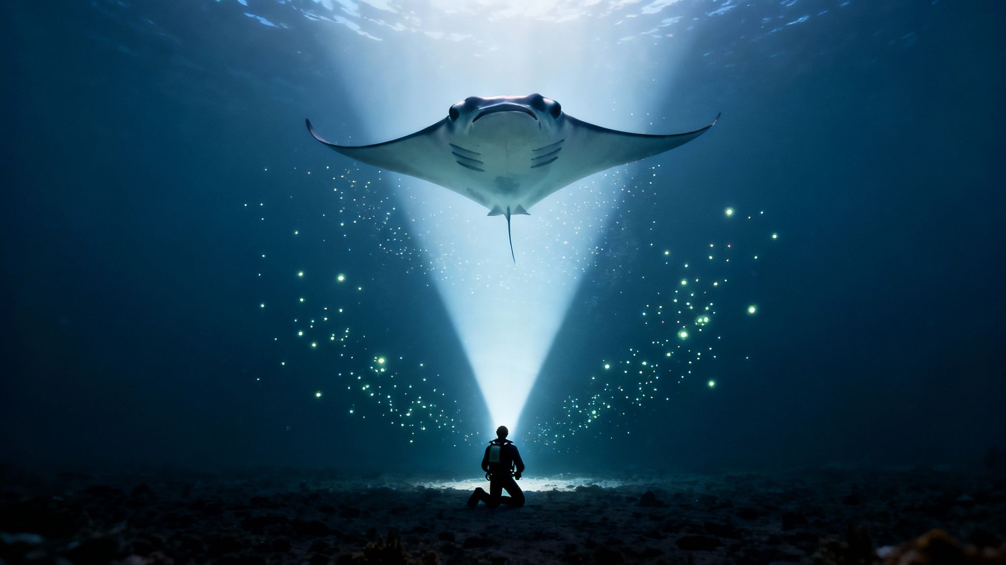 Several manta rays with their mouths open swimming towards the camera at night in Kona.
