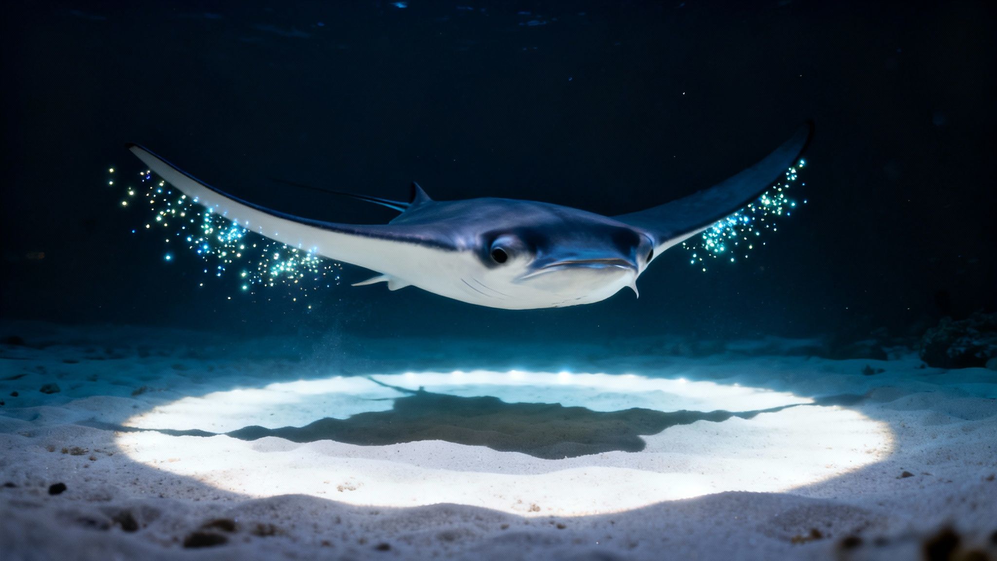 A manta ray gracefully glides over scuba divers during a night dive in Kona.