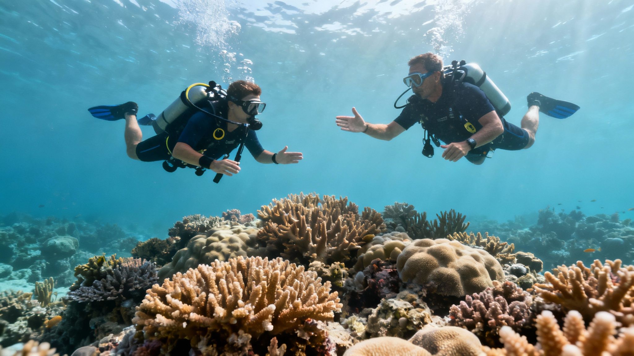Two scuba divers reaching out to each other underwater among colorful coral reefs.