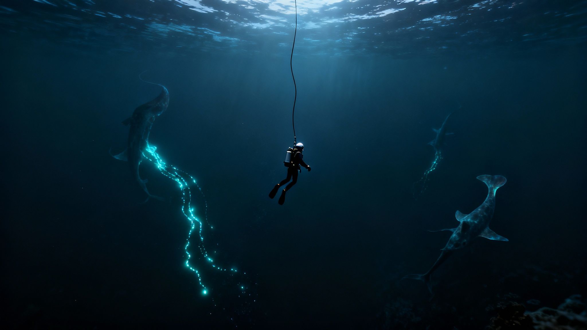 A scuba diver descends into the deep, dark ocean, near mysterious bioluminescent sea creatures.