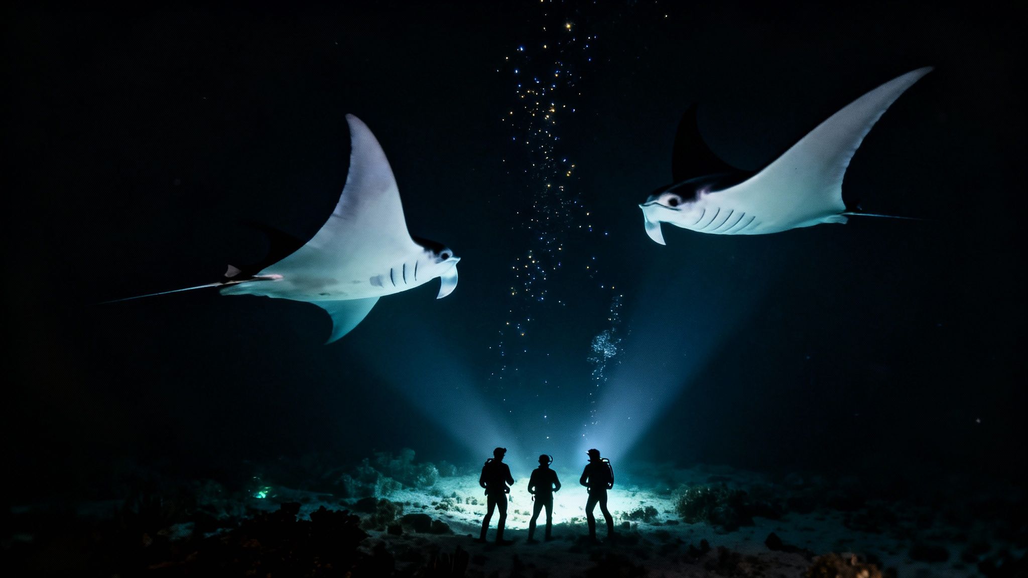 Three scuba divers observe two graceful manta rays illuminated during a night dive.
