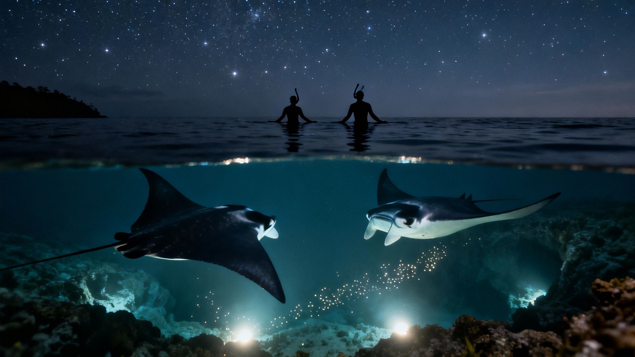 Two snorkelers under a starry night sky with manta rays swimming below a glowing coral reef.